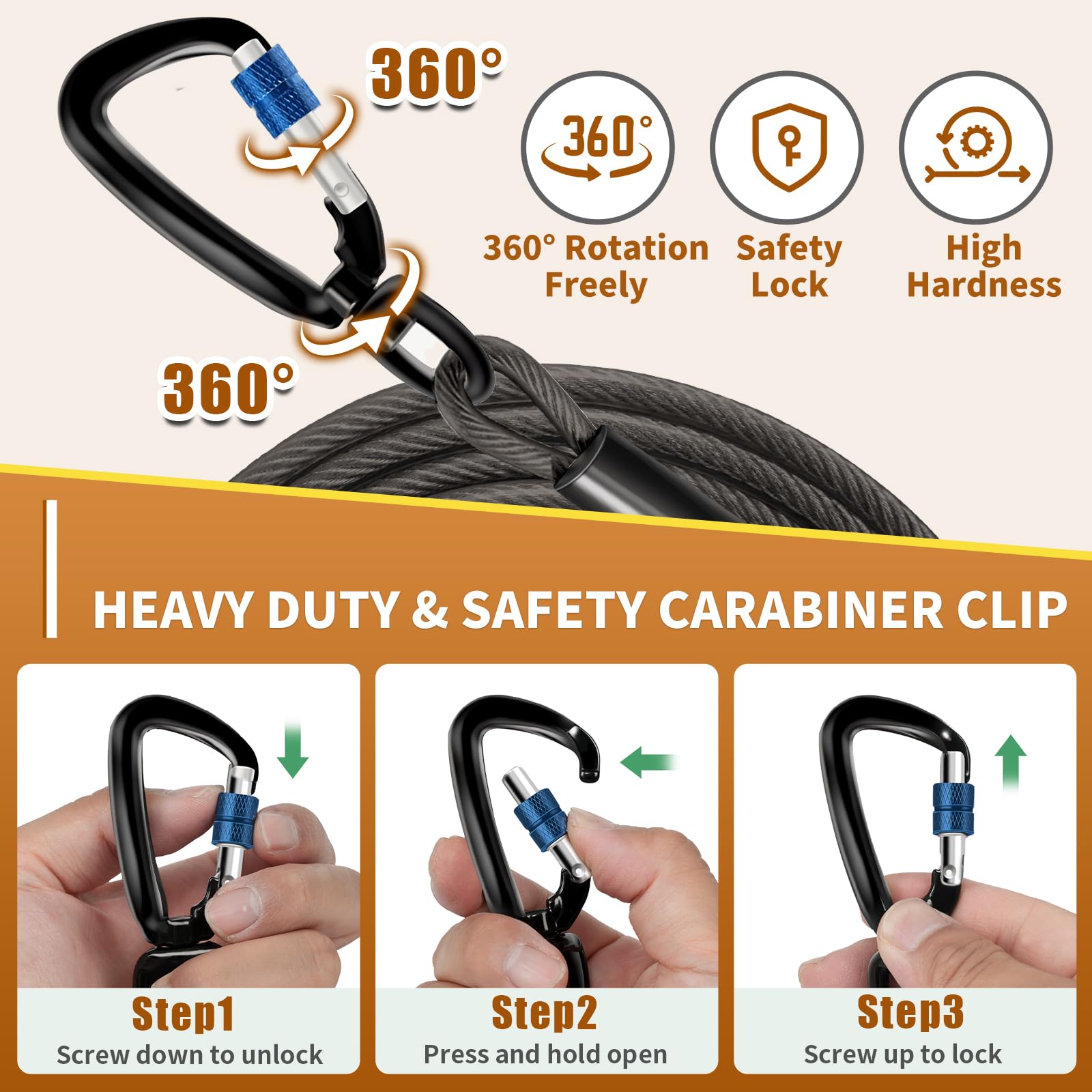 Heavy Duty Dog Tie Out Cable- Dog Leads For Yard & Camping, Rust Proof Leash Cable With Carrying Handle, No Tangle Tether For Me