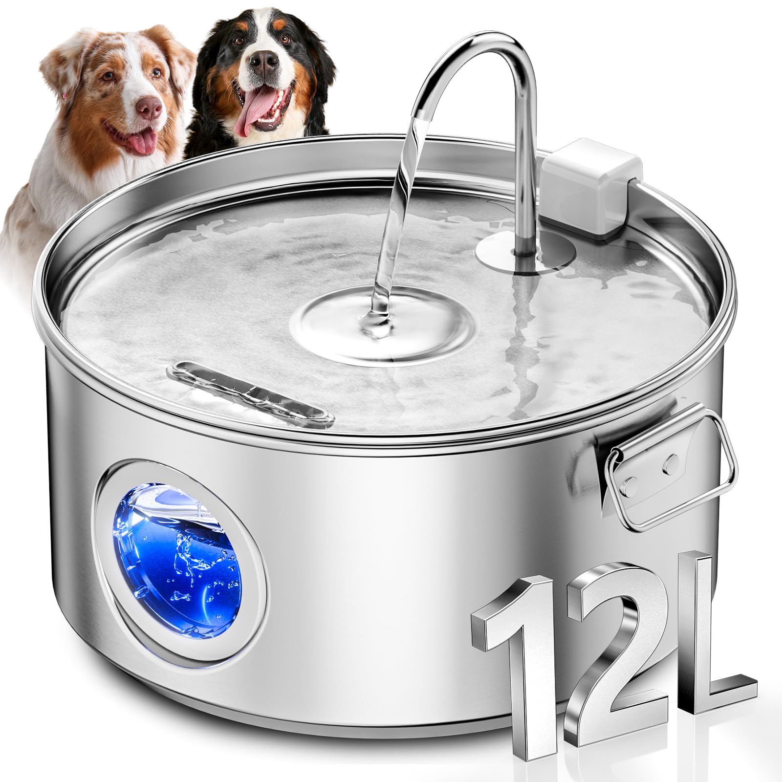 Dog Water Fountain for Large Dogs, 3.2Gal/406oz/12L Stainless Steel Pet Water Fountain, Quiet Dog Water Bowl Dispenser with Visi