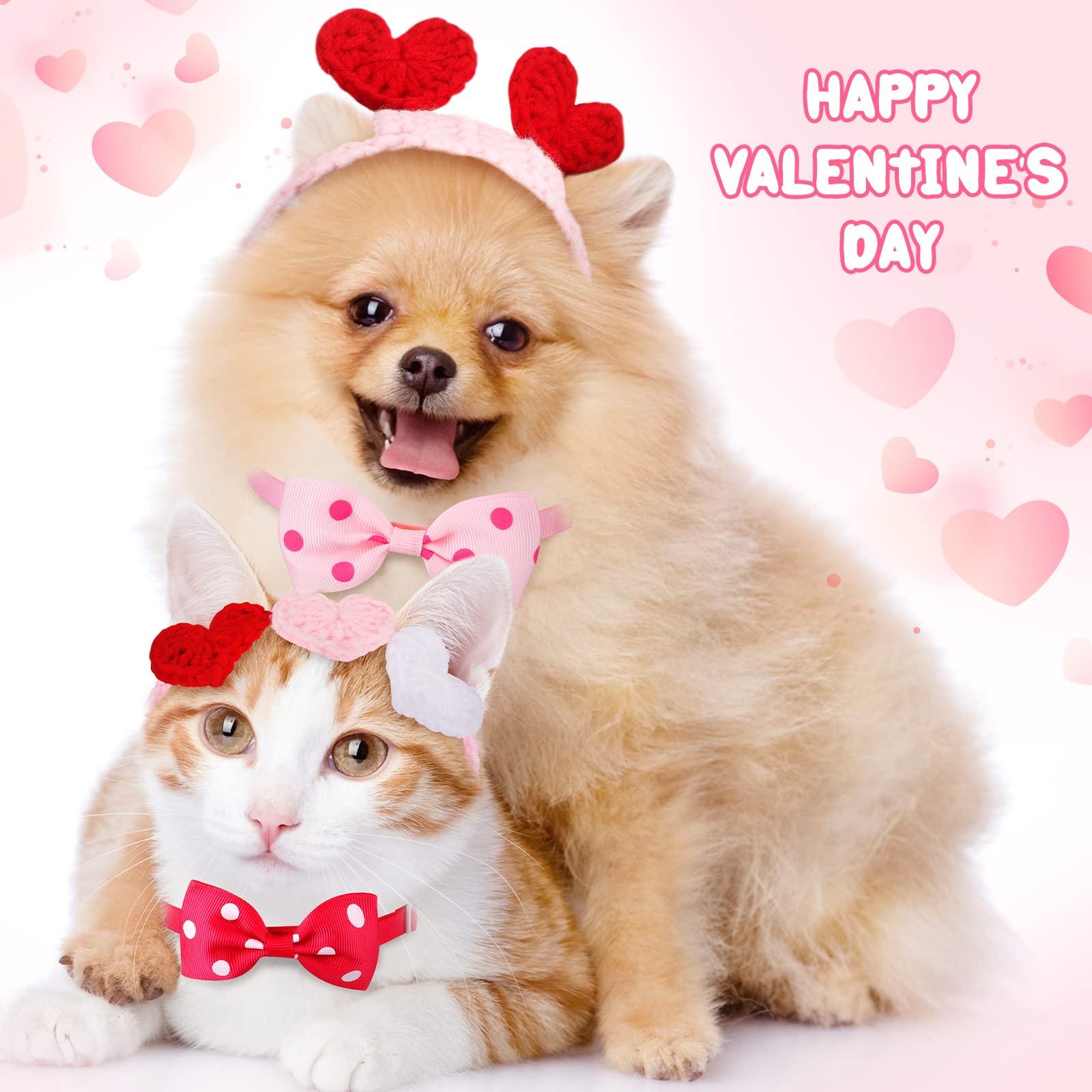 Mtlee 2Pcs Valentines Day Heart Headband For Cat And 2Pcs Pet Neck Bow Cat Valentines Day Headband With Ear Holes And Chin Strap