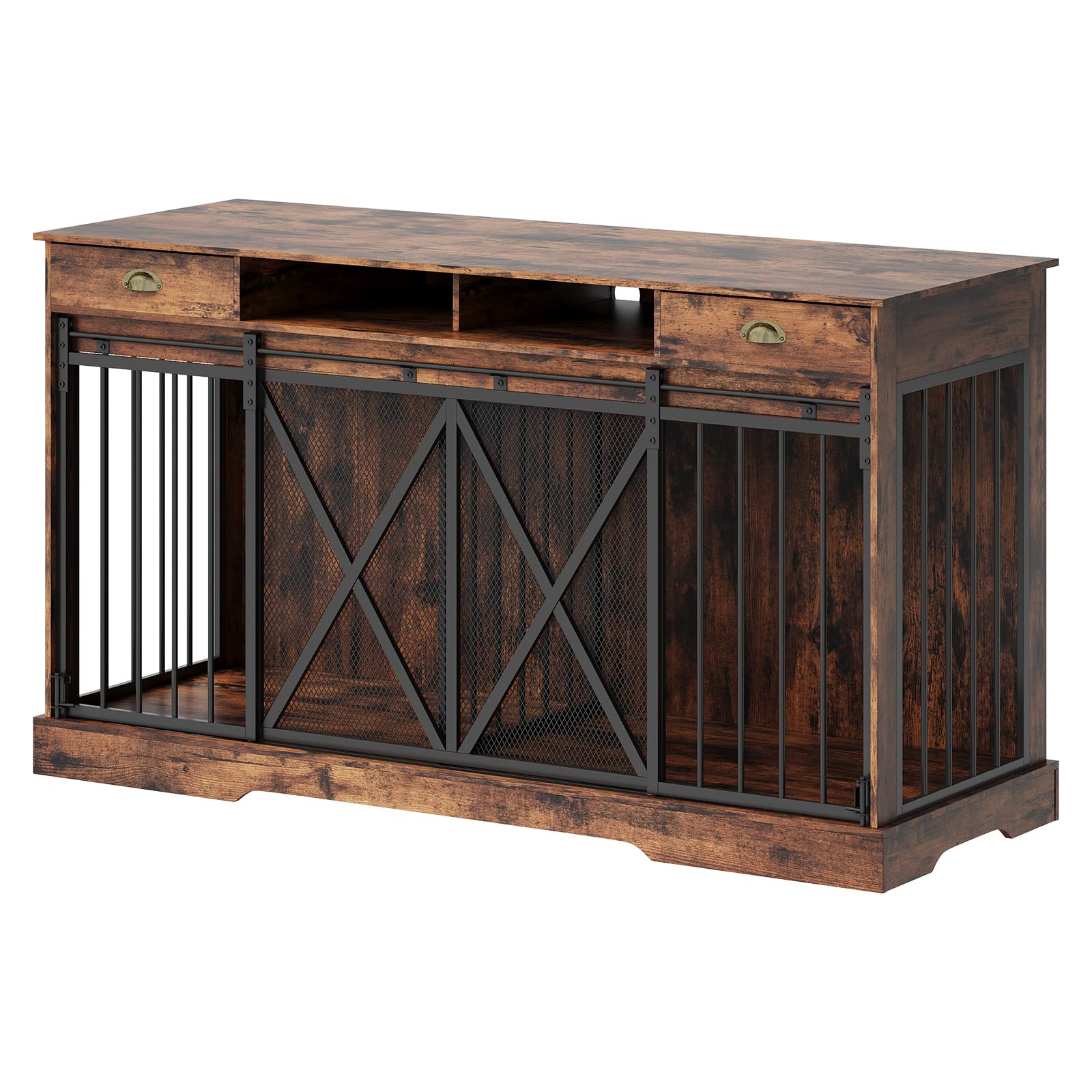 GarveeLife 63 in Extra Large Double Dog Crate with Removable Divider, Heavy Duty Dog Kennel Furniture with 2 Drawers, Indoor Dec