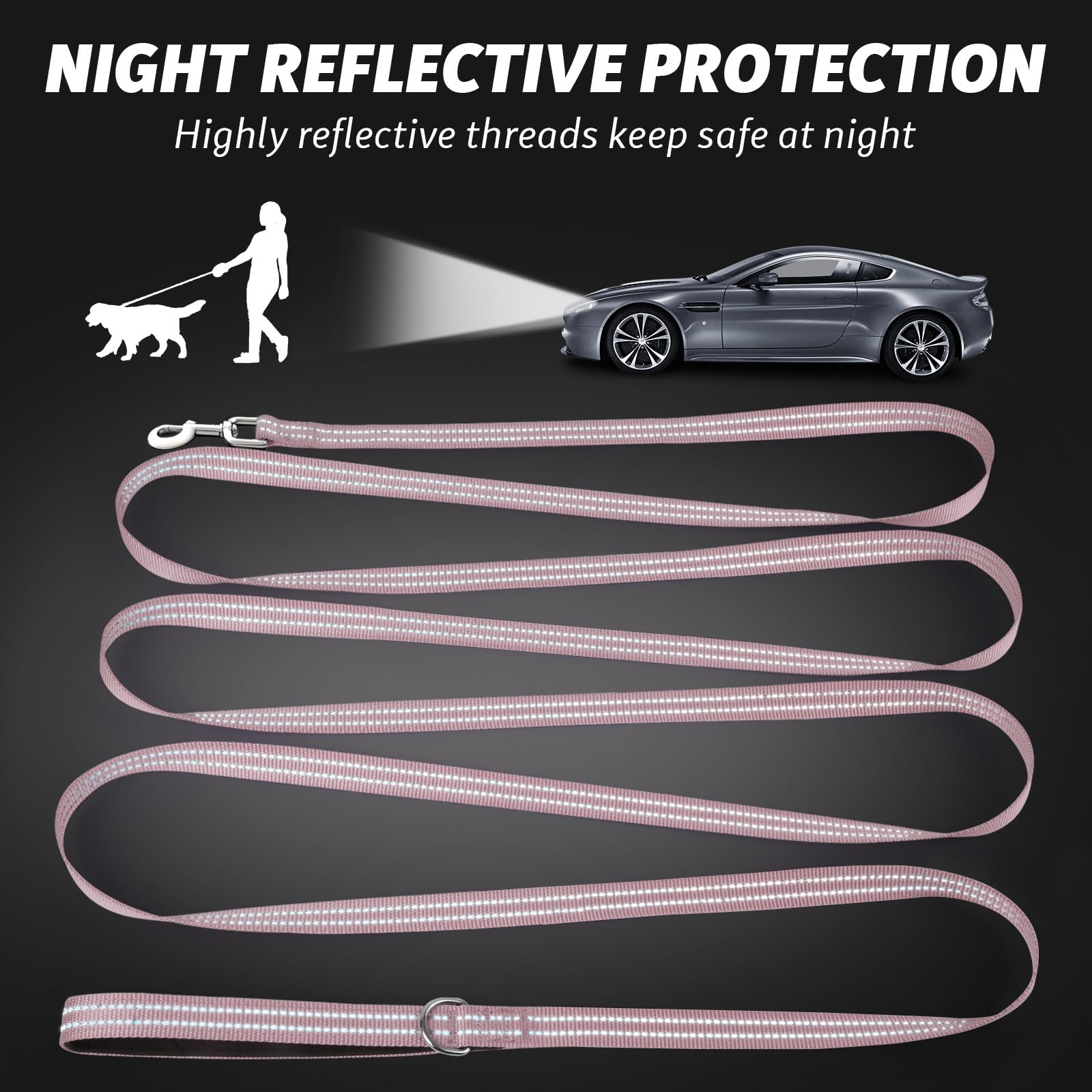 Xiaz 30 Feet Dog Training Leash, Nylon, Pink, Reflective, Padded Handle, 550 Lbs Bearing, Lightweight Suitable For Small, Medium
