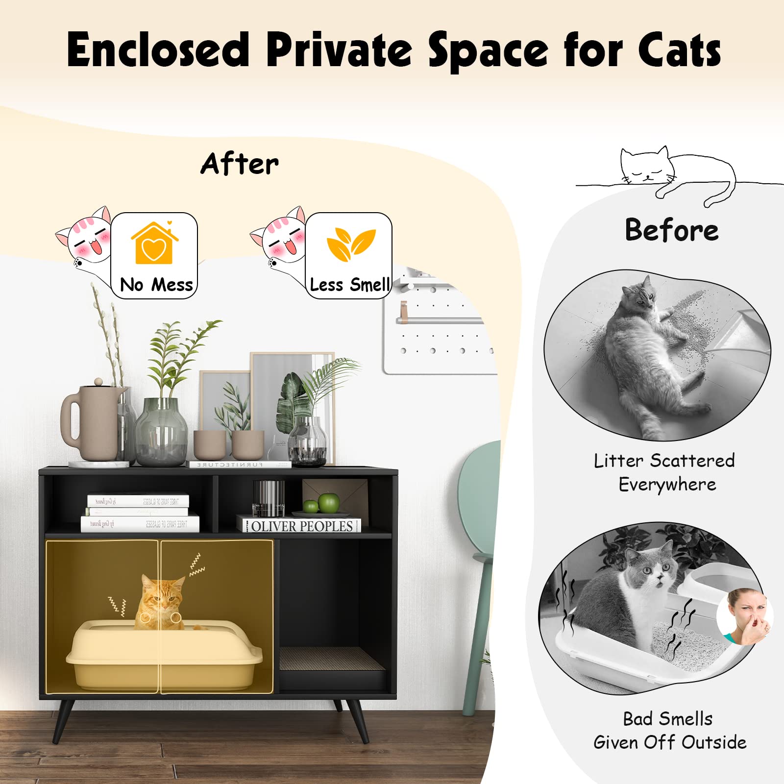 Petsite Litter Box Enclosure, Wooden Cat Litter Box Furniture Hidden With Shelves & Scratching Pad, Kitty Large Litter Box Washroom Cabinet End Table