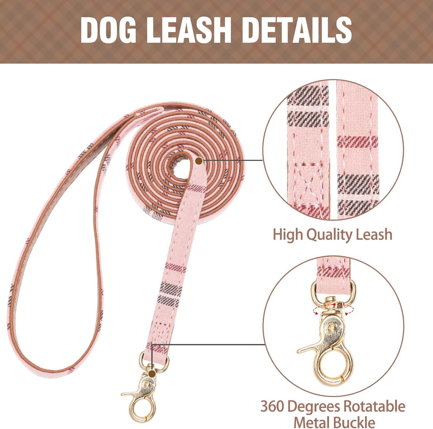 Kooltail Dog Collar And Leash Set 3 Park, Adjustable Soft Leather Puppy Collar And Leash Tangle Free For Outdoor Walking, Dog Bandana Collar With Bow Tie & Bell For Small Medium Dogs Cats Pink Plaid