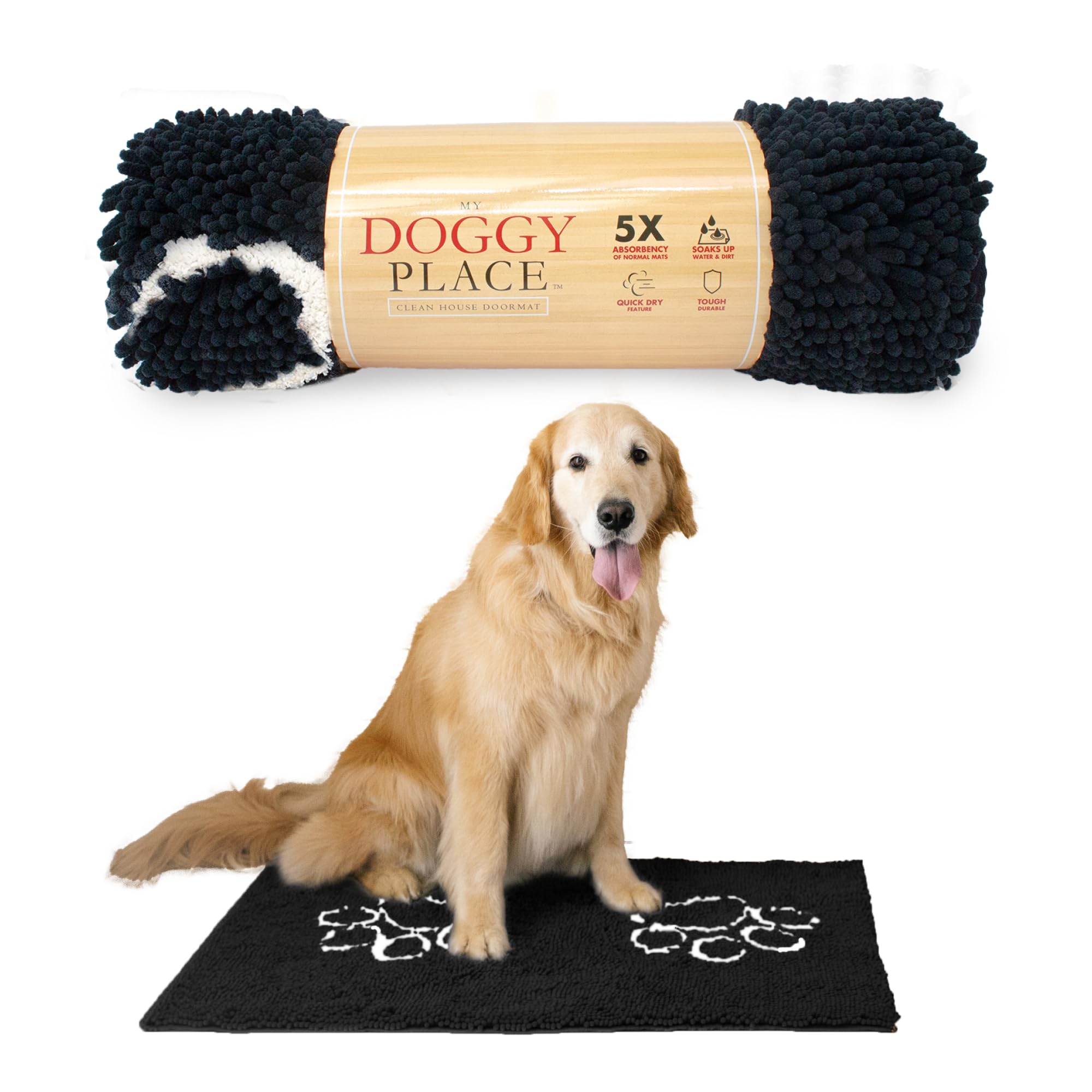 My Doggy Place Microfiber Dog Mat for Muddy Paws, 36 x 26 Black with Paw Print - Absorbent and Quick-Drying Dog Paw Cleaning Mat