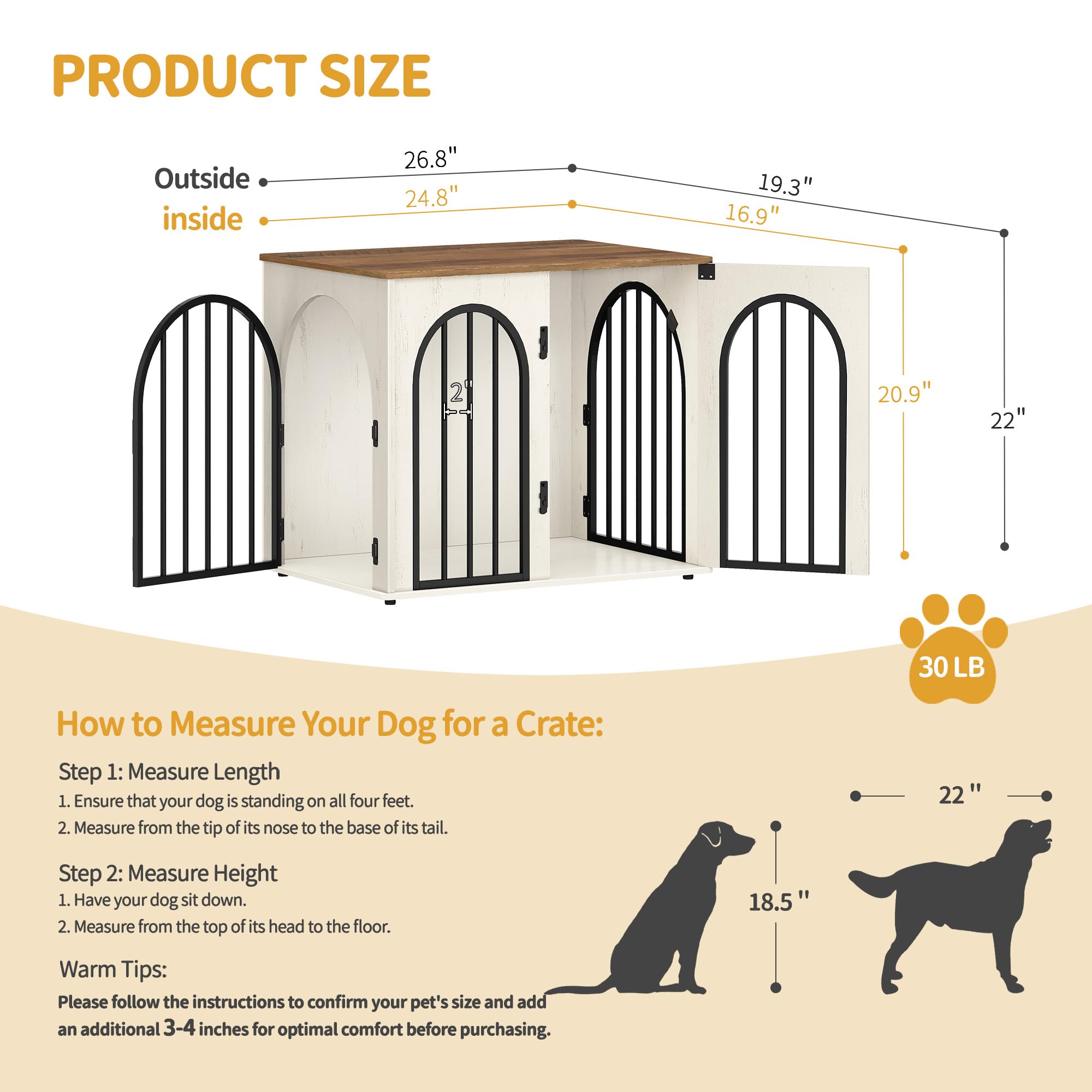 Hzuaneri 26.8 Wooden Dog Crate Furniture, Indoor Dog Kennel Dogs Cage for Small Dogs, Heavy Duty Dog Crates Decorative Pet Hou