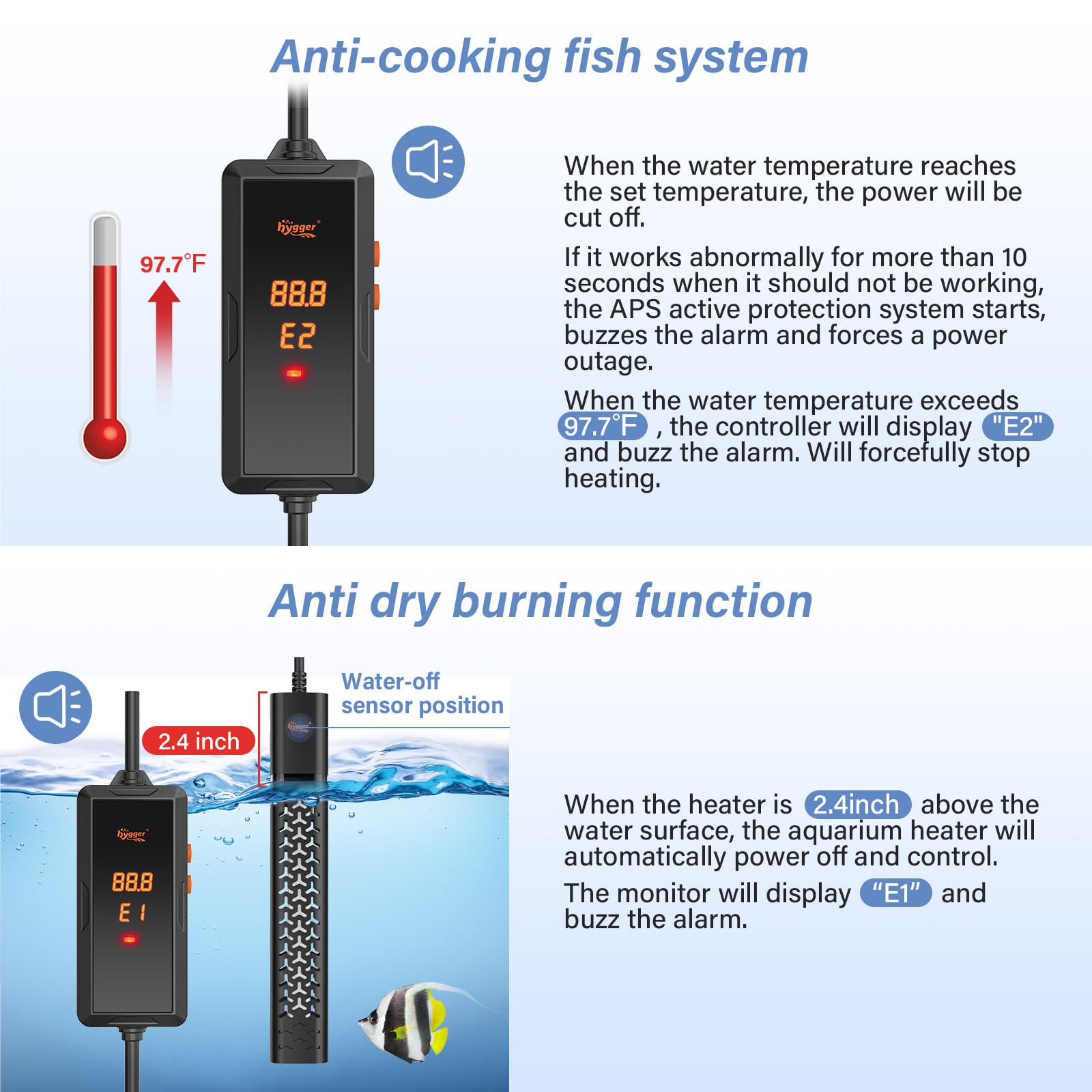 hygger 200w Aquarium Heater, Submersible Fish Tank Heater with Intelligent Temperature Control and Leaving Water Automatically S