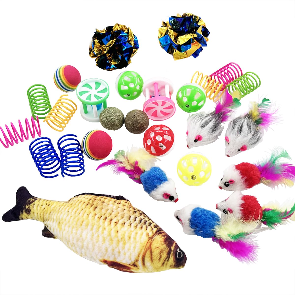 Quvovid Cat Toys 27 Packs Combo Set, Cat Catnip Fish And Ball Toy, Cat Bell Balls Crinkle Balls, Cat Spring Toys, Plush Mices At