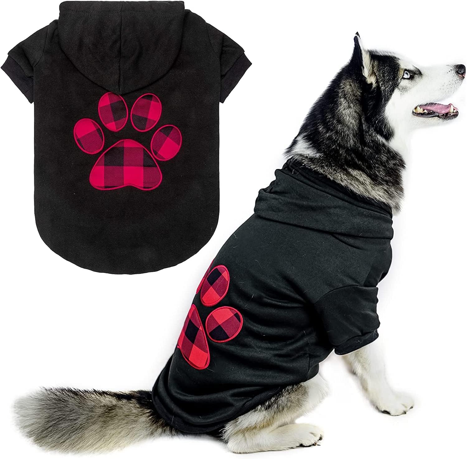 Kooltail Dog Pullover Hoodie With Hat, Pet Cold Weather Clothes With Red And Black Plaid Foot Pattern, For Small Medium Large Dogs