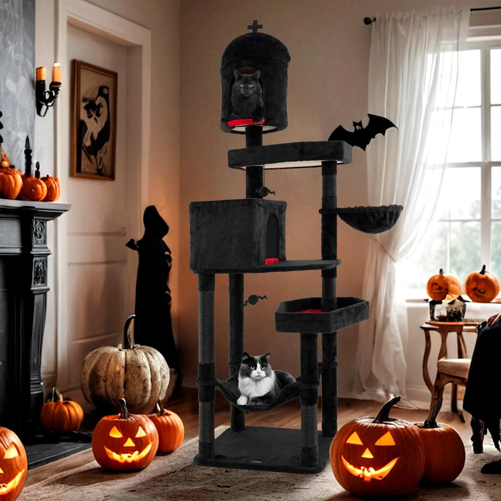 Petsite 83 Inch Tall Gothic Cat Tree, Multi-Level Halloween Cat Tower With Coffin Beds, Scratching Posts, 2 Cat Condos, Dangling