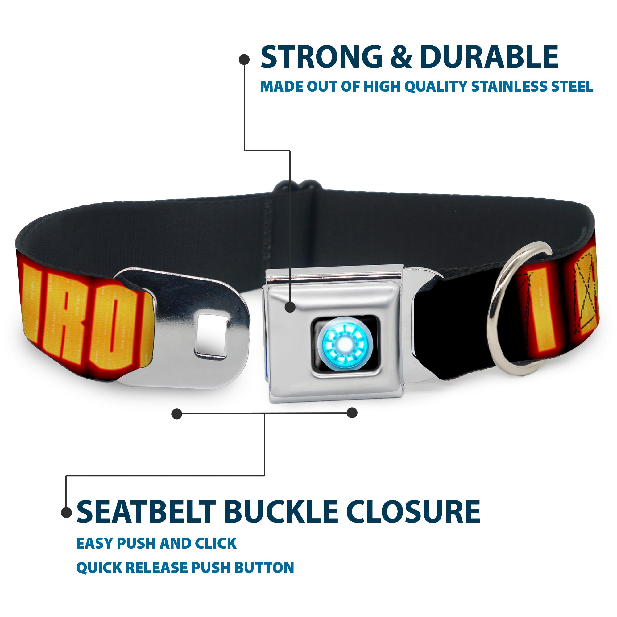 Buckle-Down Seatbelt Buckle Dog Collar - Iron Man Face/I Am Iron Man Black/Yellow Glow - 1' Wide - Fits 15-26' Neck - Large