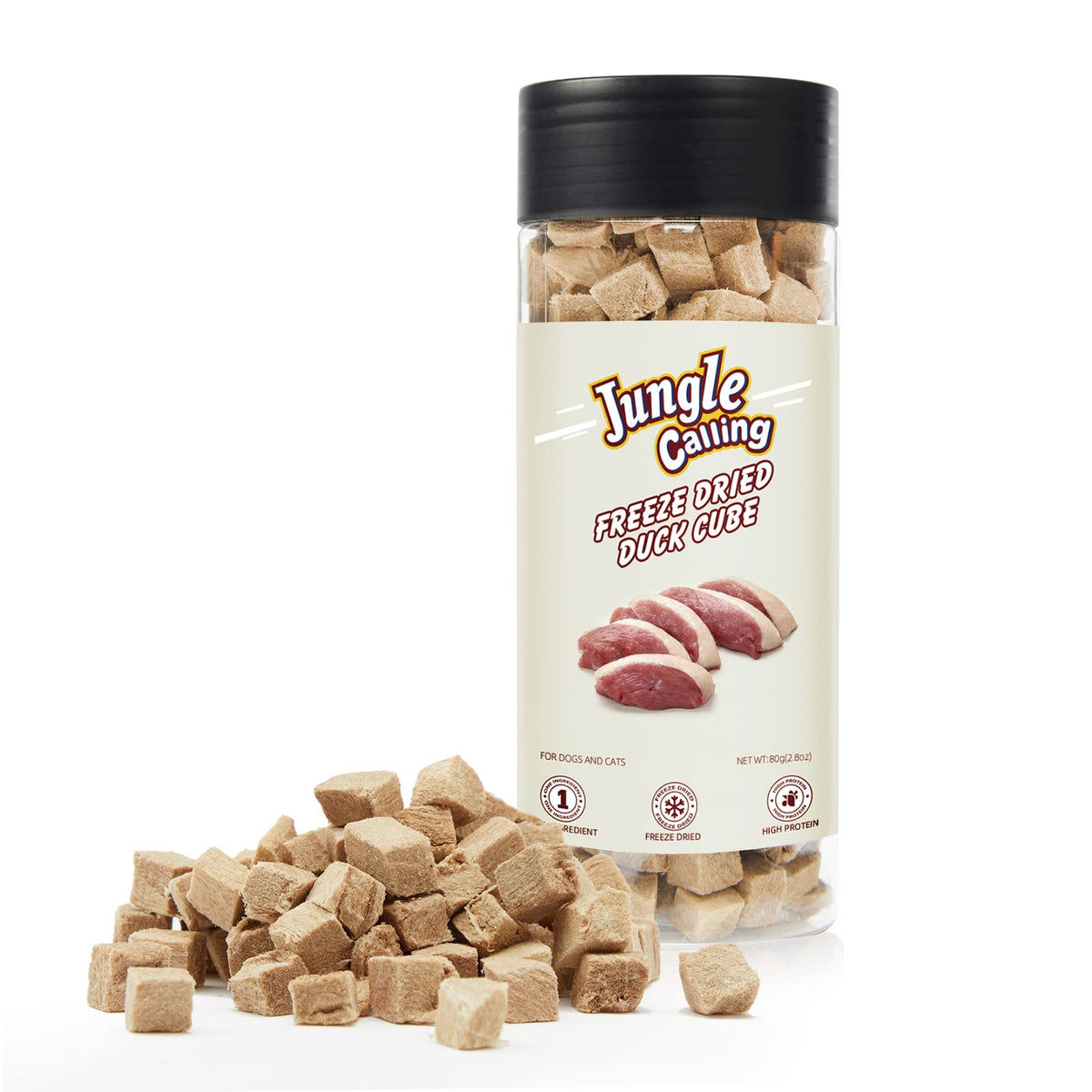 Jungle Calling Freeze Dried Dog And Cat Treats - High Protein, Low Fat, Made With A Single Ingredient - Perfect For Training And Snacking, 2.8 Oz (Duck Cube)