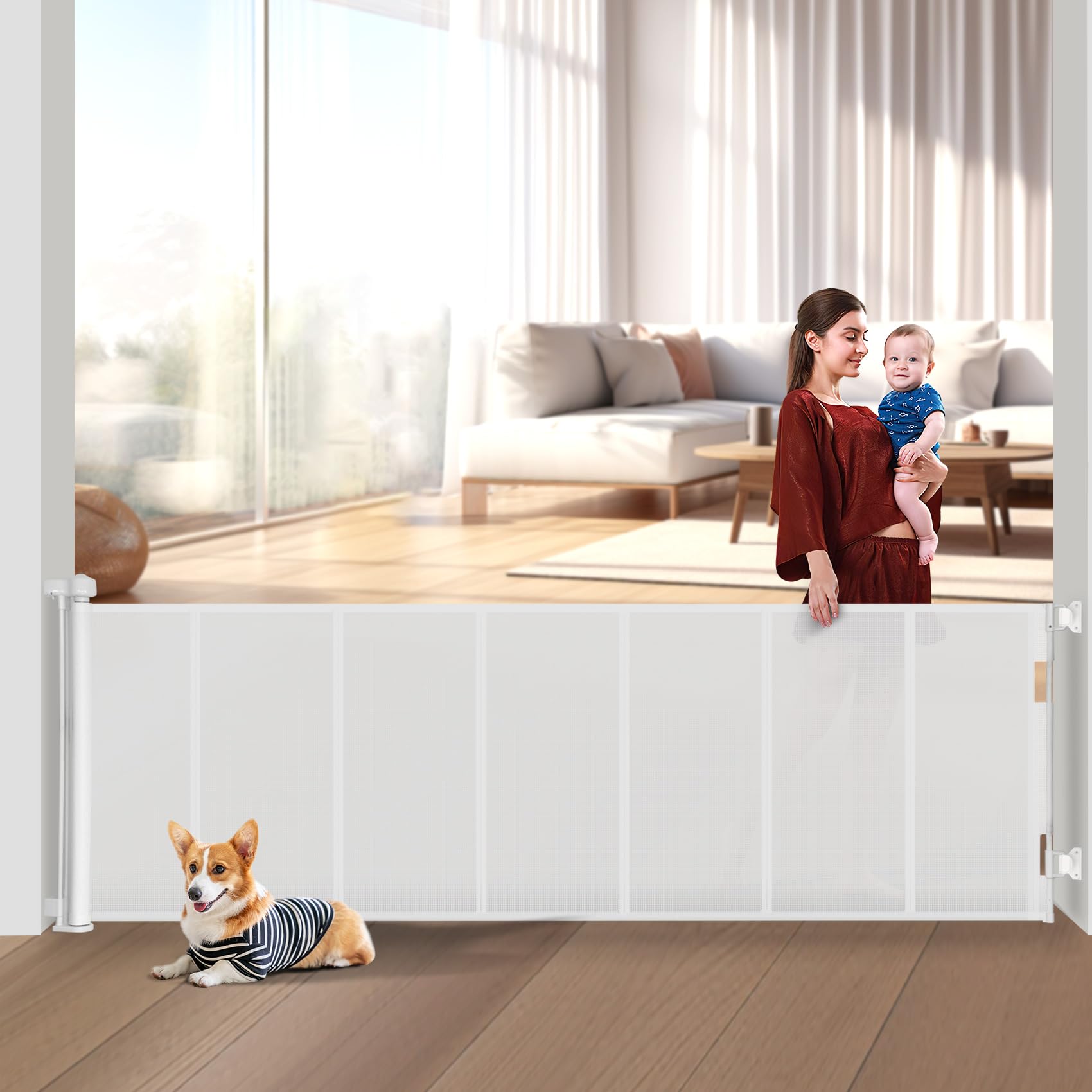 Upgrade 59' Retractable Baby Gates With Reinforced Strip Design To Prevent Crawling Through, 34' Tall Retractable Gate For Baby And Pet, 5 Ft Baby Gates For Stairs, Doorways, Hallways