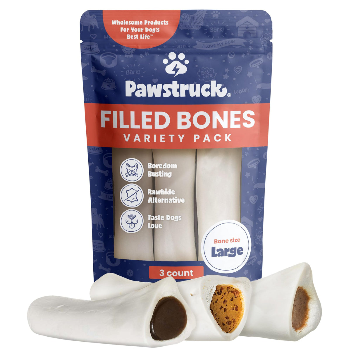 Pawstruck Large 5-6” Filled Dog Bones Variety Pack – Peanut Butter, Cheese & Bacon, Beef Flavors – Made In Usa Long Lasting Stuffed Femur Treat For Aggressive Chewers – Pack Of 3 – Packaging May Vary