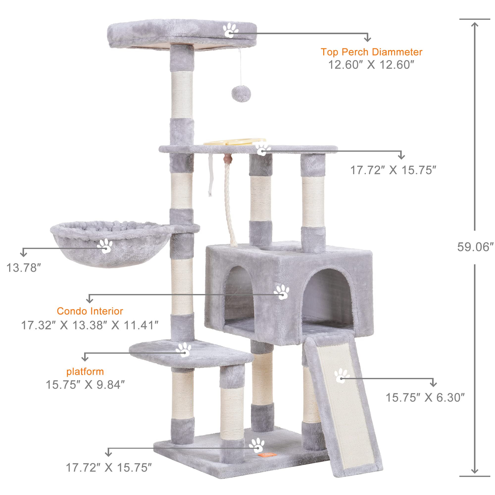 Heybly Cat Tree, Cat Tower For Indoor Cats With Scratching Board, Multi-Level Cat Furniture Condo With Feeding Bowl Light Gray H