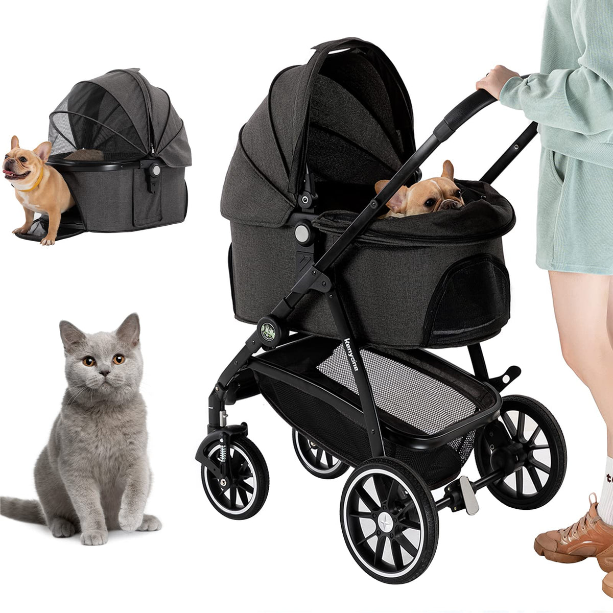 Kenyone Pet Stroller 3 In 1 Dog Stroller For Medium Small Size Dogs, Large Cat Stroller With Detachable Carrier For Puppies, Doggies, Kitties, Bunnies (C510 Black)