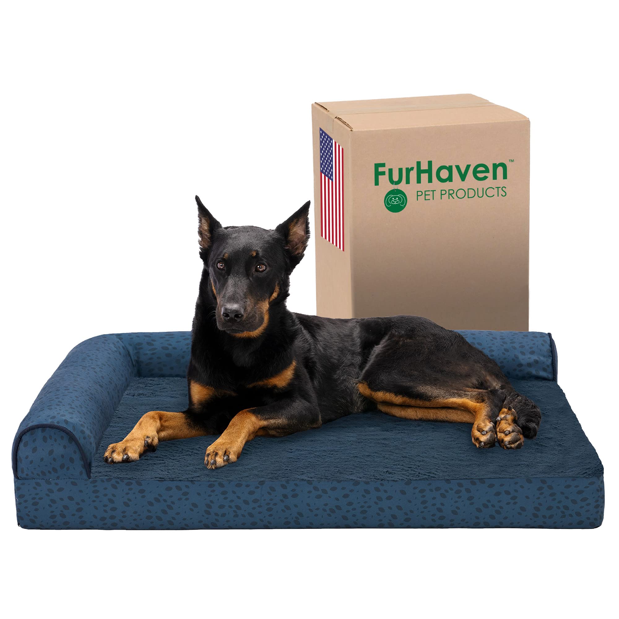 Furhaven Orthopedic Dog Bed For Large Dogs W/ Removable Bolsters & Washable Cover, For Dogs Up To 95 Lbs - Plush & Almond Print 