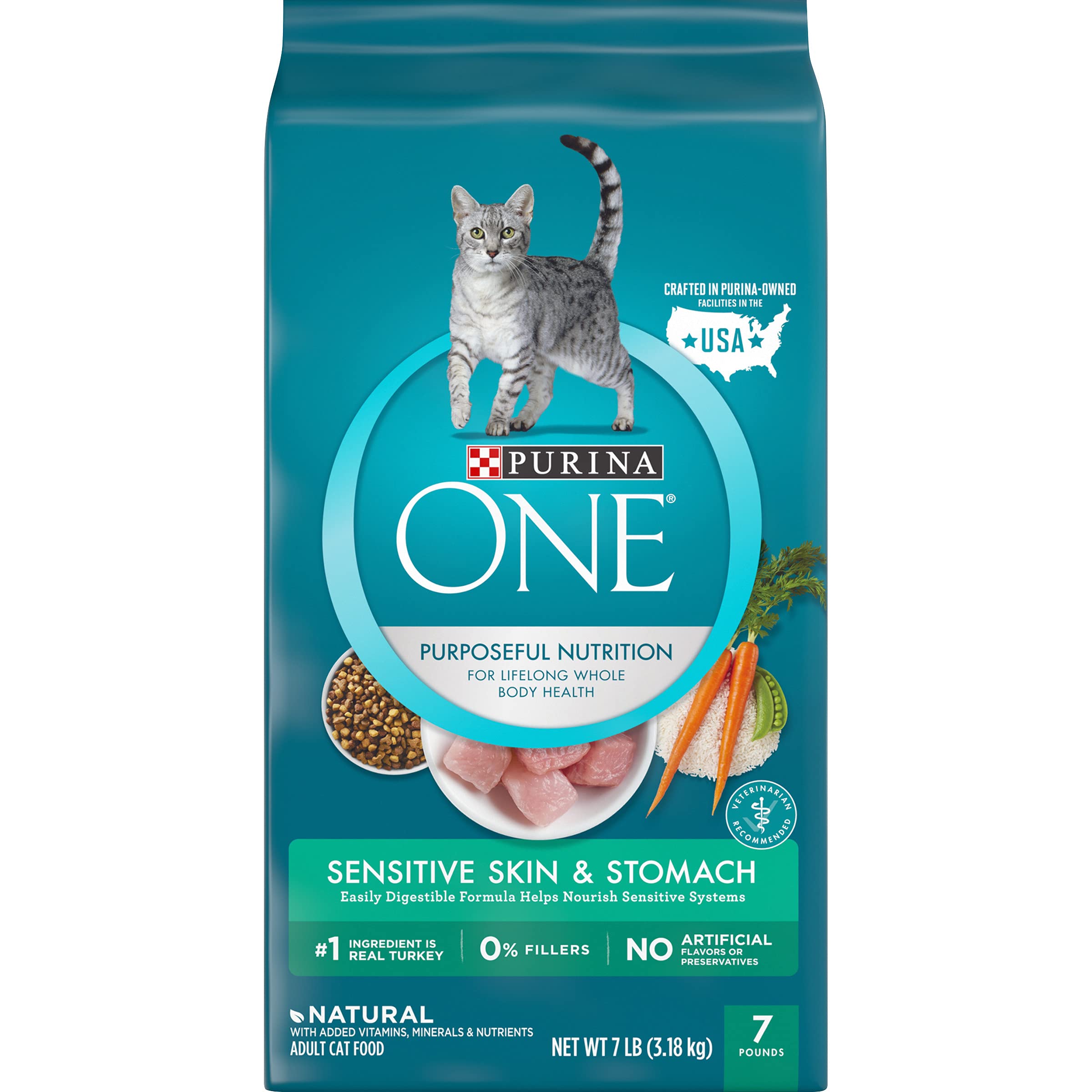 Purina ONE Sensitive Stomach, Sensitive Skin, Natural Dry Cat Food, +Plus Sensitive Skin and Stomach Formula  7 lb. Bag