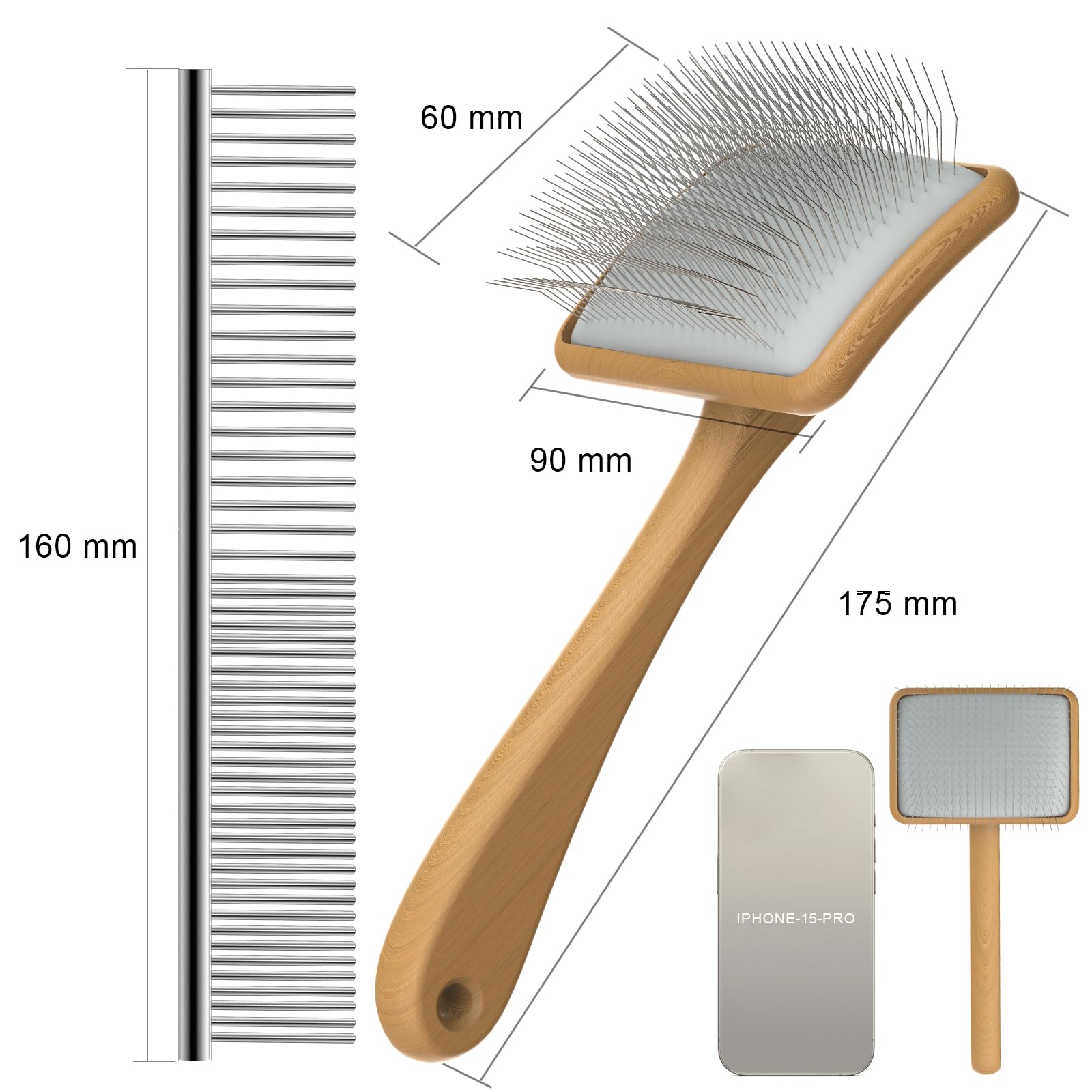 Petqueen Slicker Brush for Dogs, Medium Size, Wood, 24mm Pins, Ideal for Doodles, Poodles, Curly Hair, Removes Tangles & Loose Fur