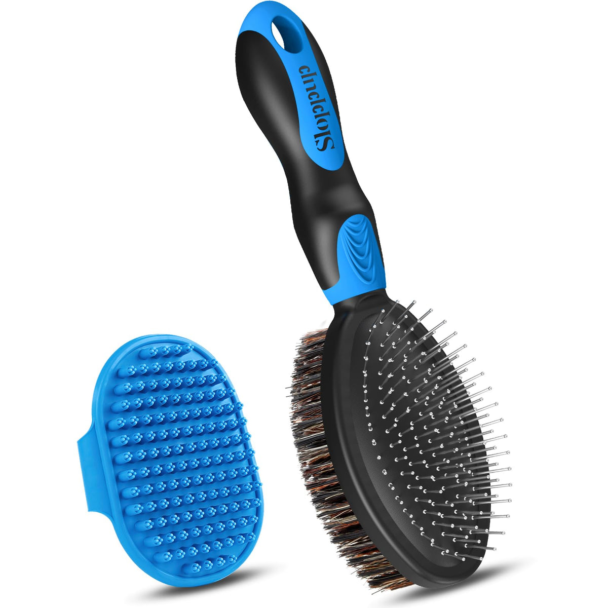 Ugnel 2Pcs Dog Grooming Tools - Double-Sided Bath Brush For Shedding And Bathing, Suitable For Short/Long Haired Dogs, Premium Pet Supplies (Black Blue)