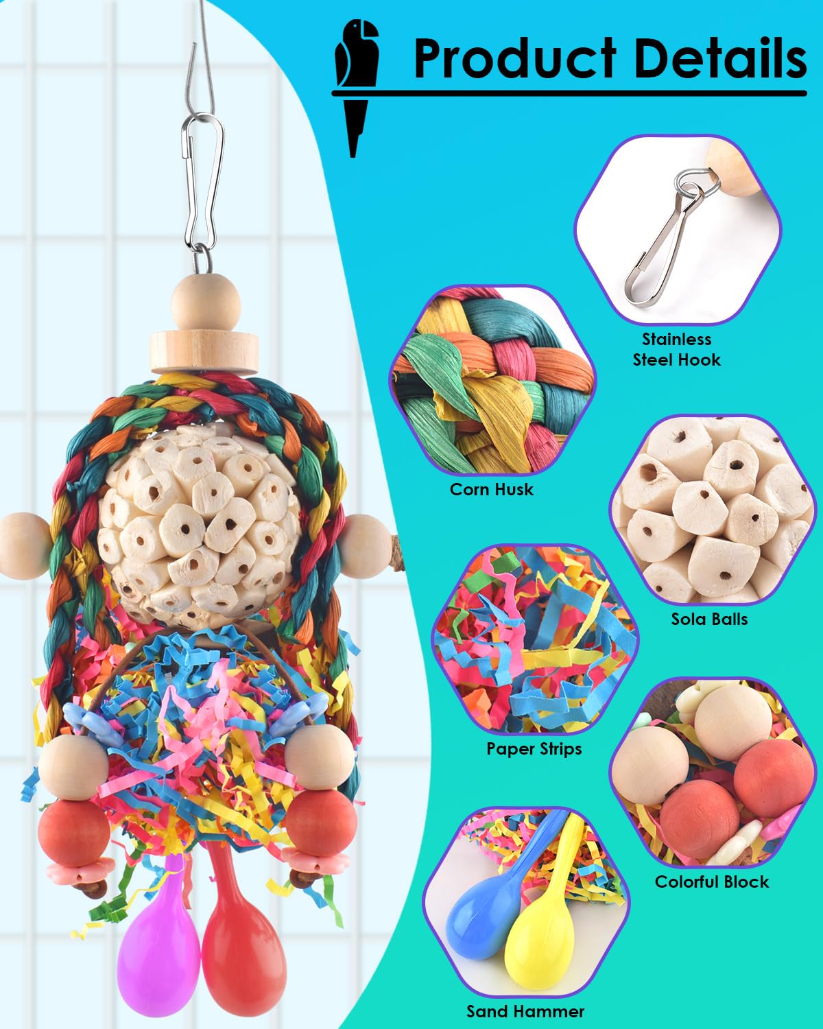 Bissap Conure Toys, 2Pcs Bird Parrot Foraging Shredder Hanging Toys Sola Balls With Sand Hammer For Small Parrots Parakeets Conu