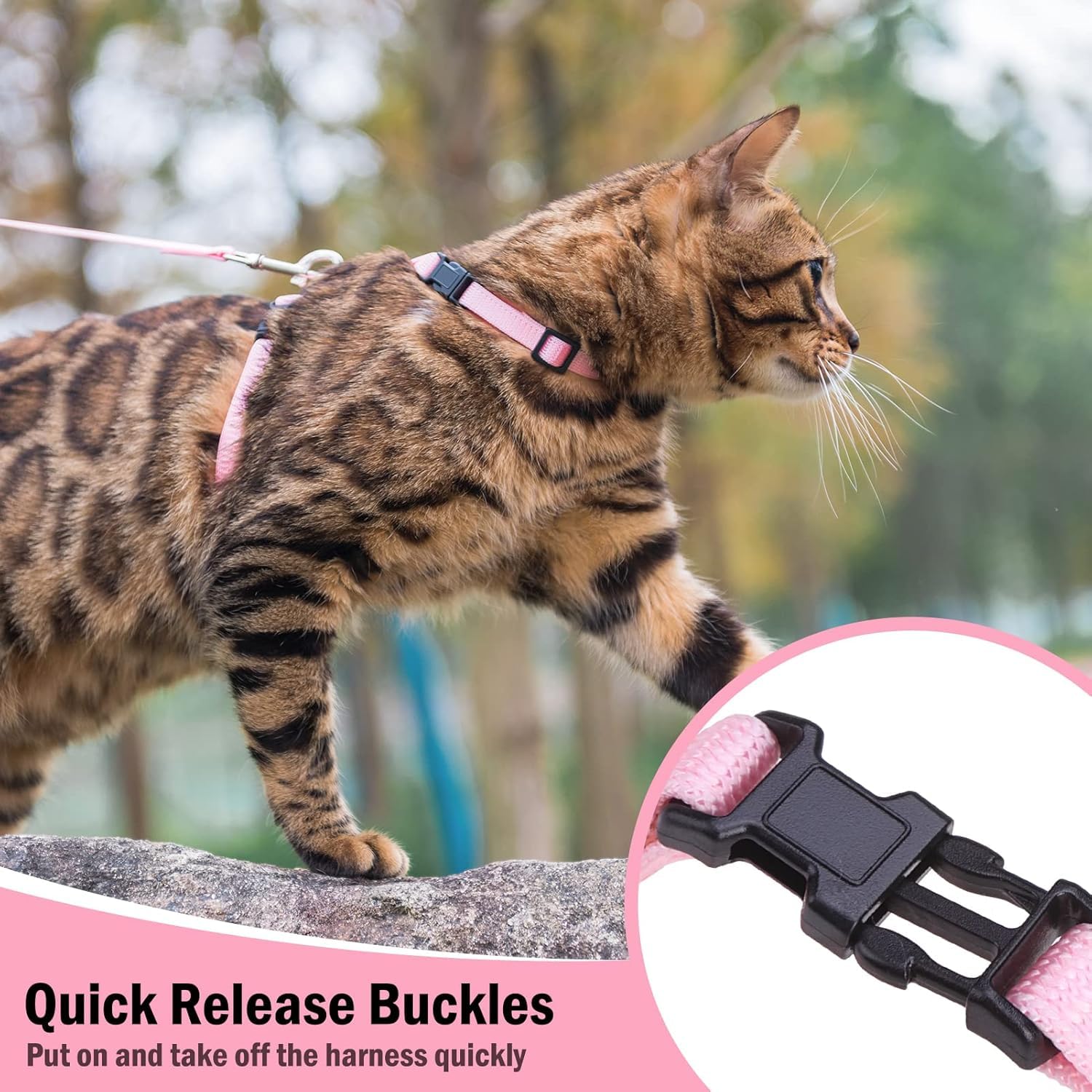 Pupteck Adjustable Cat Harness And Leash Set Escape Proof Kitten Strap Collar For Walking Travel, Pink, M