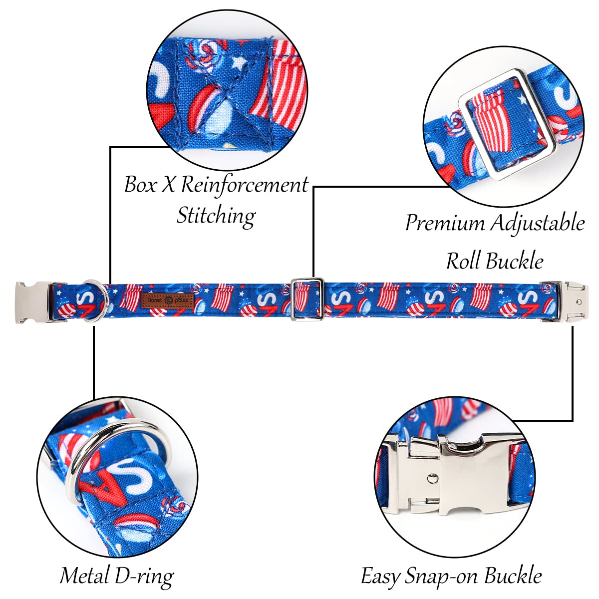 Lionet Paws Dog Collar, Comfortable Cute American Collar With Metal Buckle For Male Female Dogs, July Of 4Th, Medium, Neck 13.5-