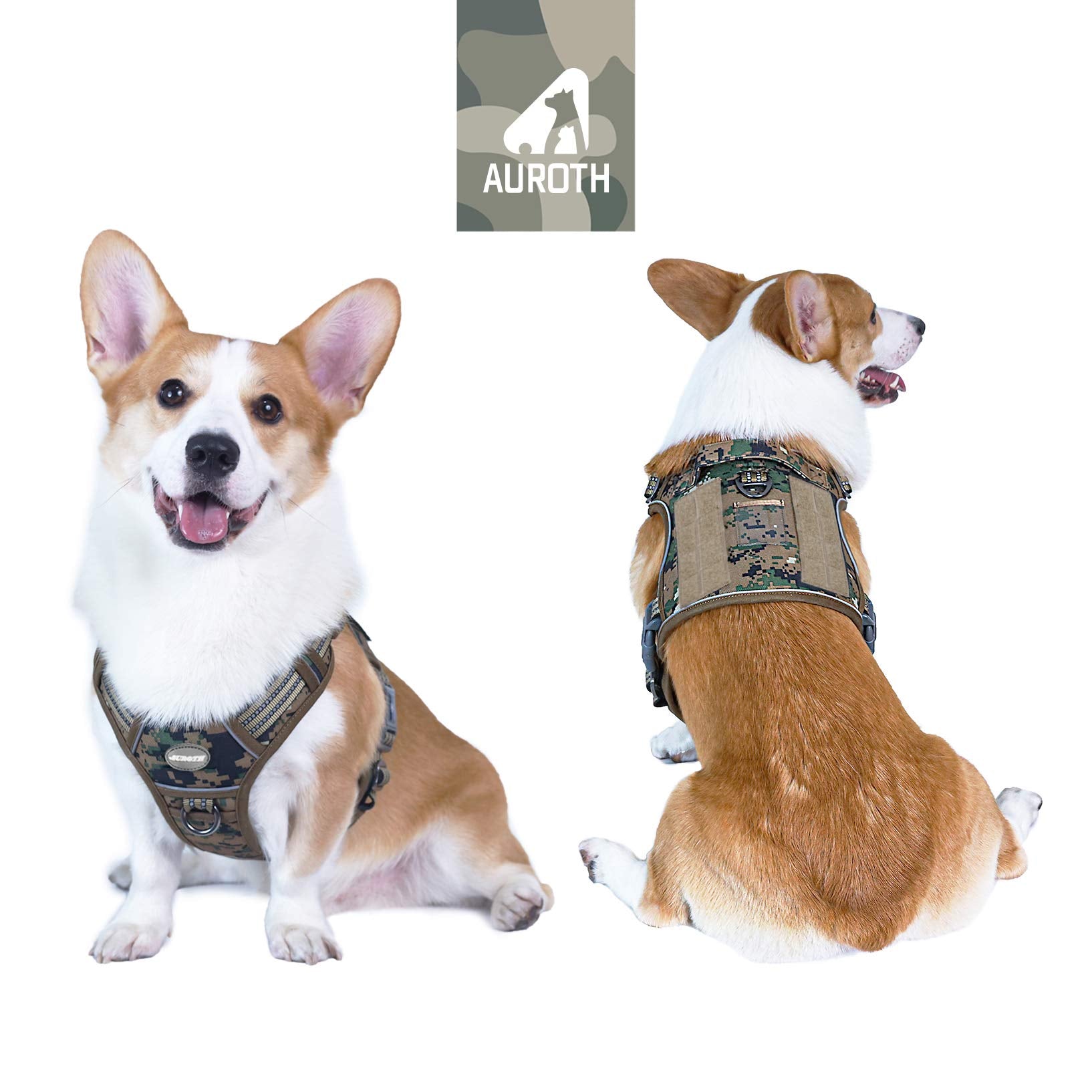 Auroth Tactical Dog Harness For Small Medium Dogs No Pull Adjustable Pet Harness Reflective K9 Working Training Easy Control Pet Vest Military Service Dog Harnesses Woodland Camo M