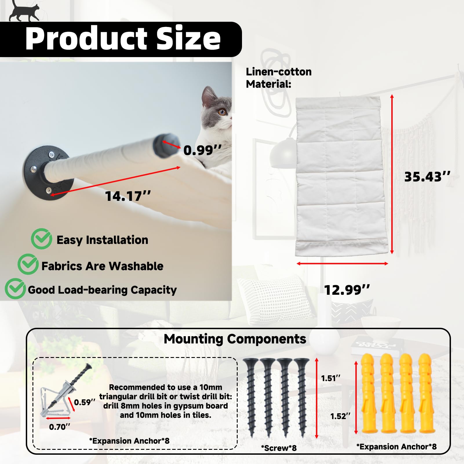 Xifowe Cat Hammock Wall Mounted, 35.43 X 12.99 Inch Wall Mounted Cat Shelves, Metal Brackets Cat Beds For Sleeping, Playing, Cli