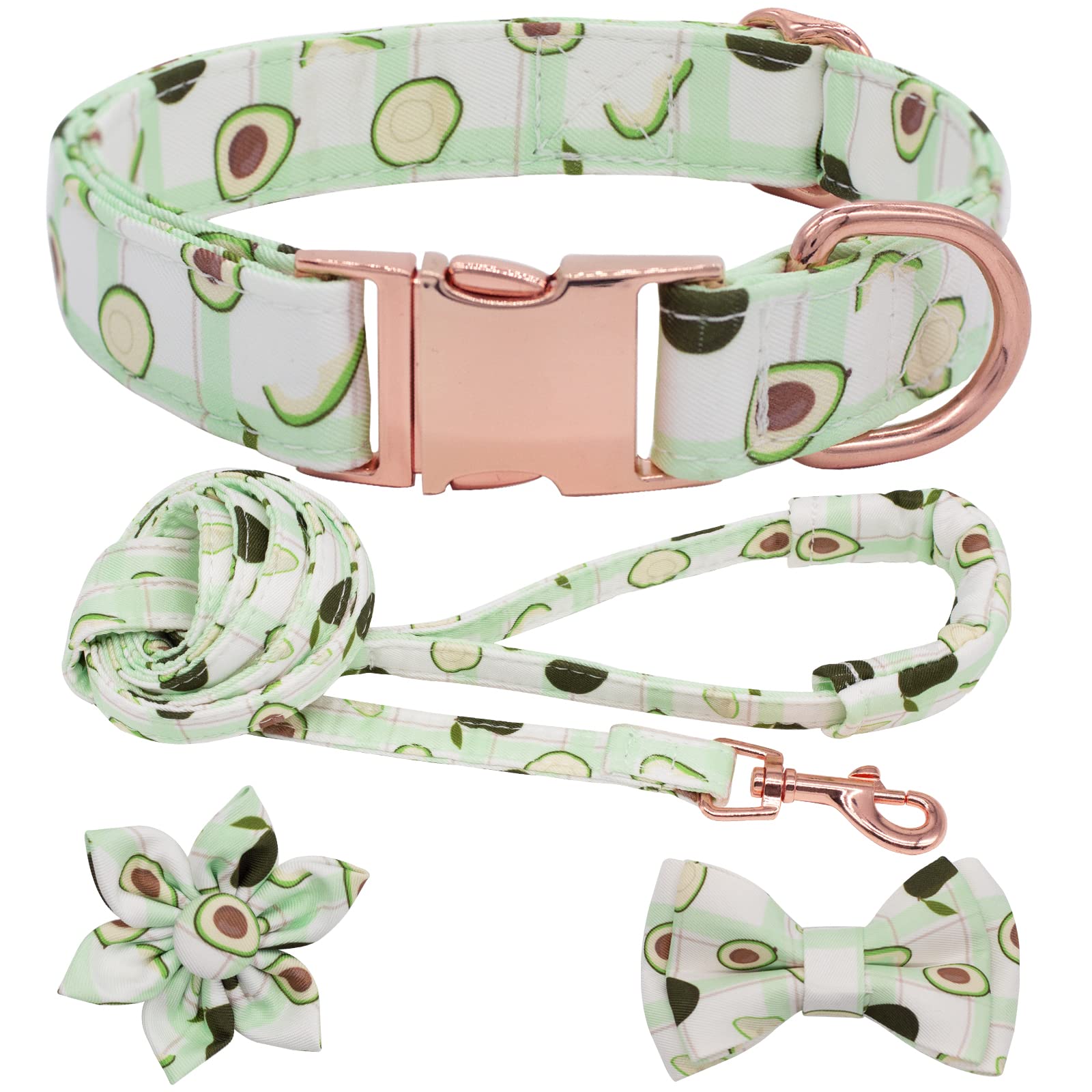 Dog Collar And Leash Set With Flower Bow Tie Girls Dog Collar Dog Tag Metal Buckle Adjustable For Small Medium Large Dogs Green Flower-L