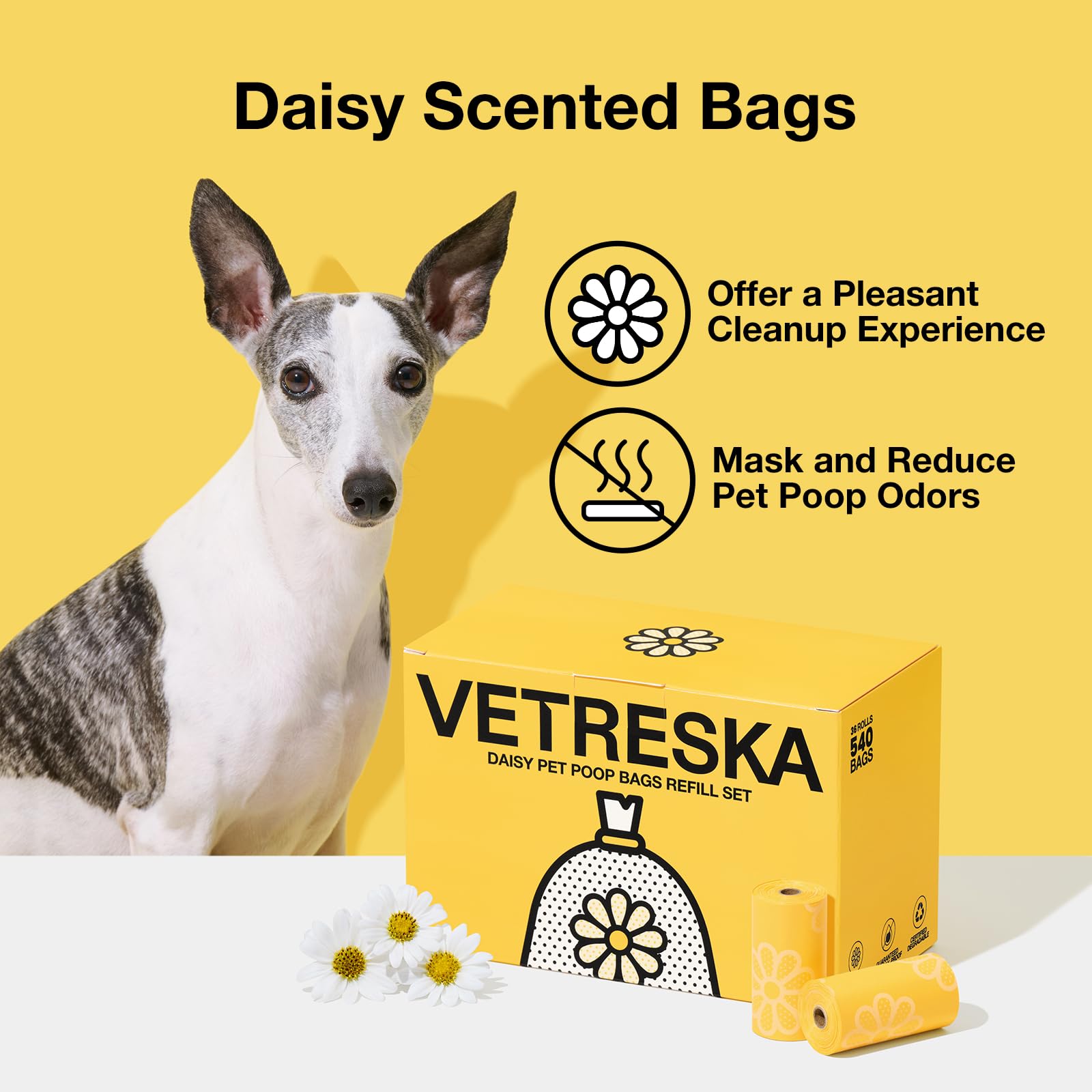 Vetreska Dog Poop Bag Rolls Daisy Scented Leak-Proof Pet Waste Bags Thick And Large Trash Bags For Dog Walking 36 Refill Rolls 5