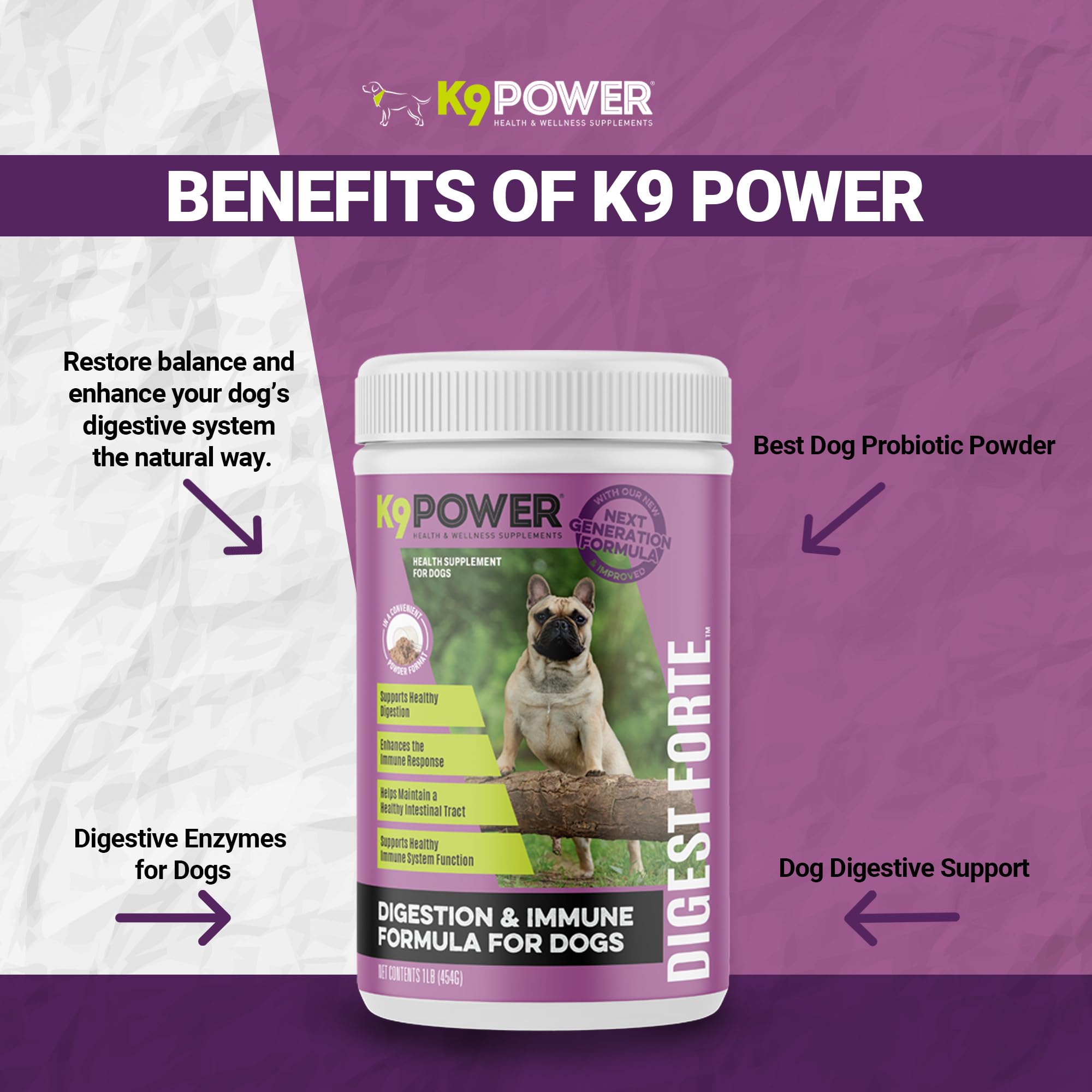 K9 Power Digest Forte for Dogs 1lb - Digestive, Immunity & Calming Support - Enhances Nutrient Absorption - Balances Gut Flora -