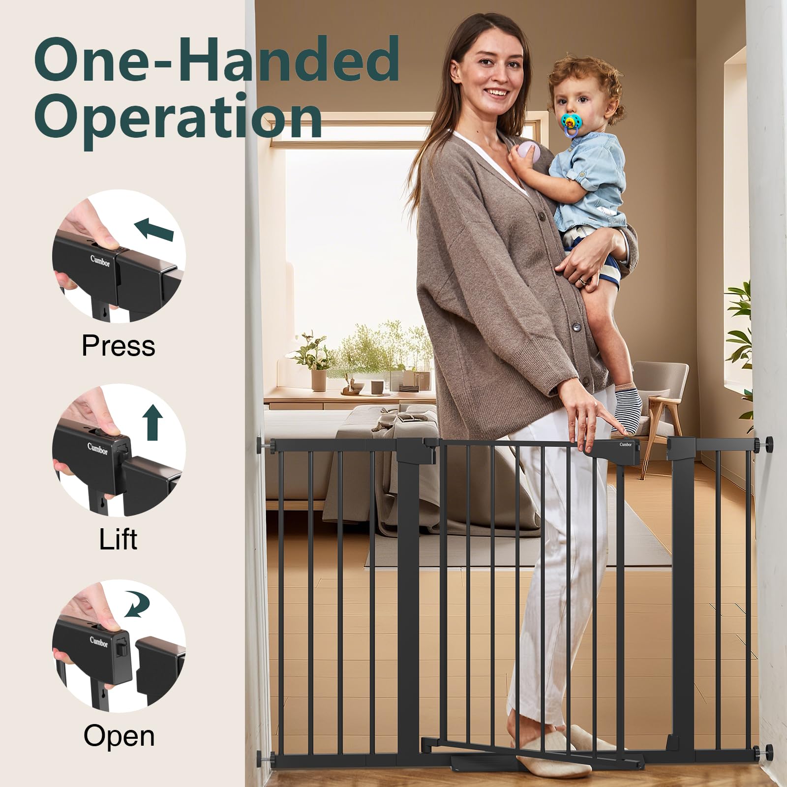 Cumbor 29.7-48' Baby Gate For Stairs, Mom'S Choice Awards Winner-Dog Gate For Doorways, Auto Close Safety Pet Gate For Dogs Indoor, Easy Install Pressure Mounted Child Gate With Walk Thru Door, Black