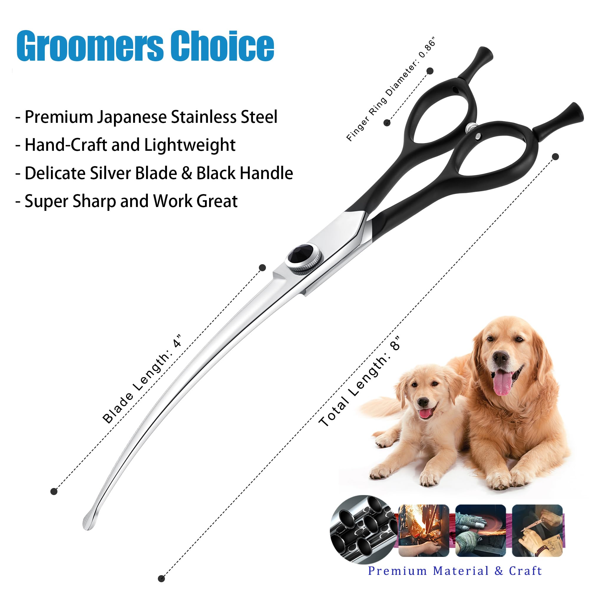Dragon Creek 8'' Downward Curved Dog Grooming Scissors Shears For Grooming Face And Paws Safety Round Tips Shears Trimming Cutti