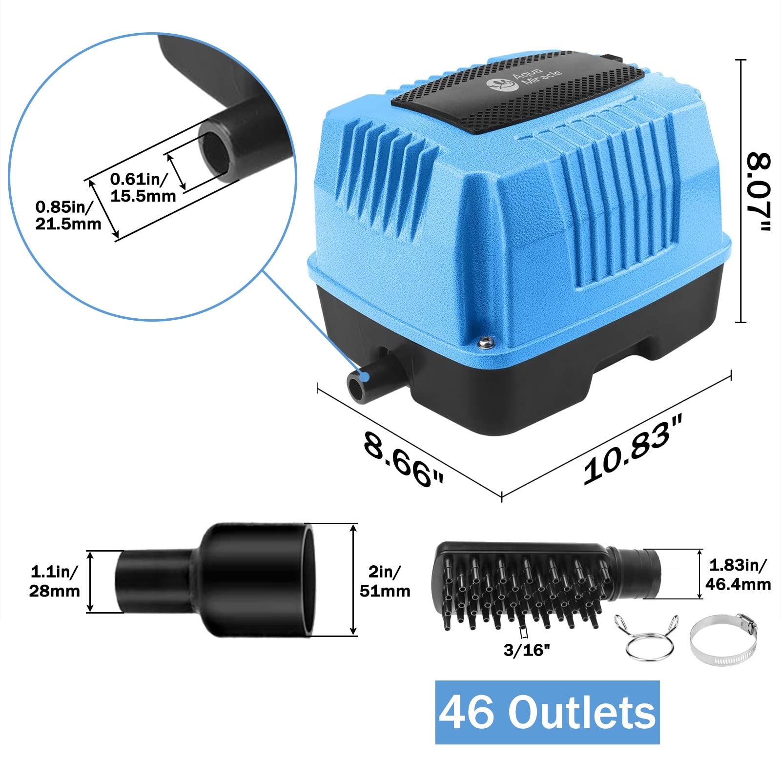 AquaMiracle AP160 Linear Air Pump, 2550GPH for Pond Aeration, Blue, Durable Aluminum Alloy and Rubber Construction