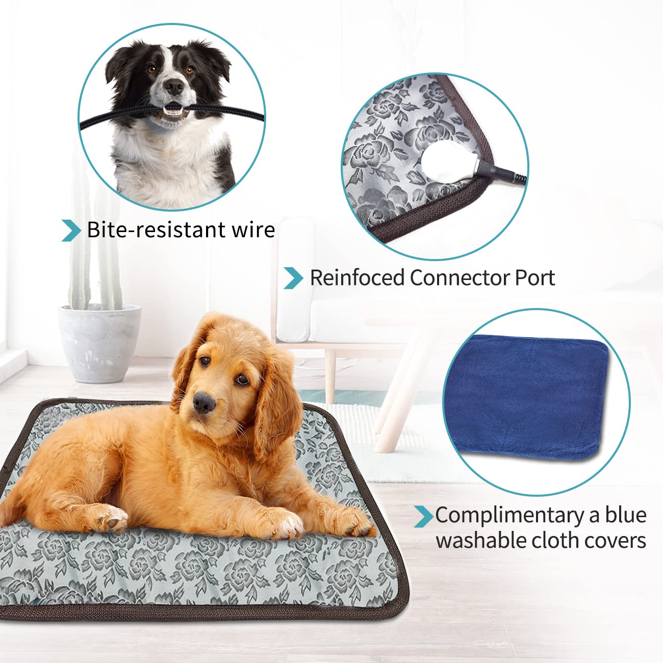 Golopet Large Dog Heating Pad For Dogs 34X21Inches Waterproof Pet Heating Pad Smart Thermostat Switch, Heated Dog Bed Chew Resistant Steel Cord Dog Warming Pad Mat Complimentary A Fleece Fabric Coverr