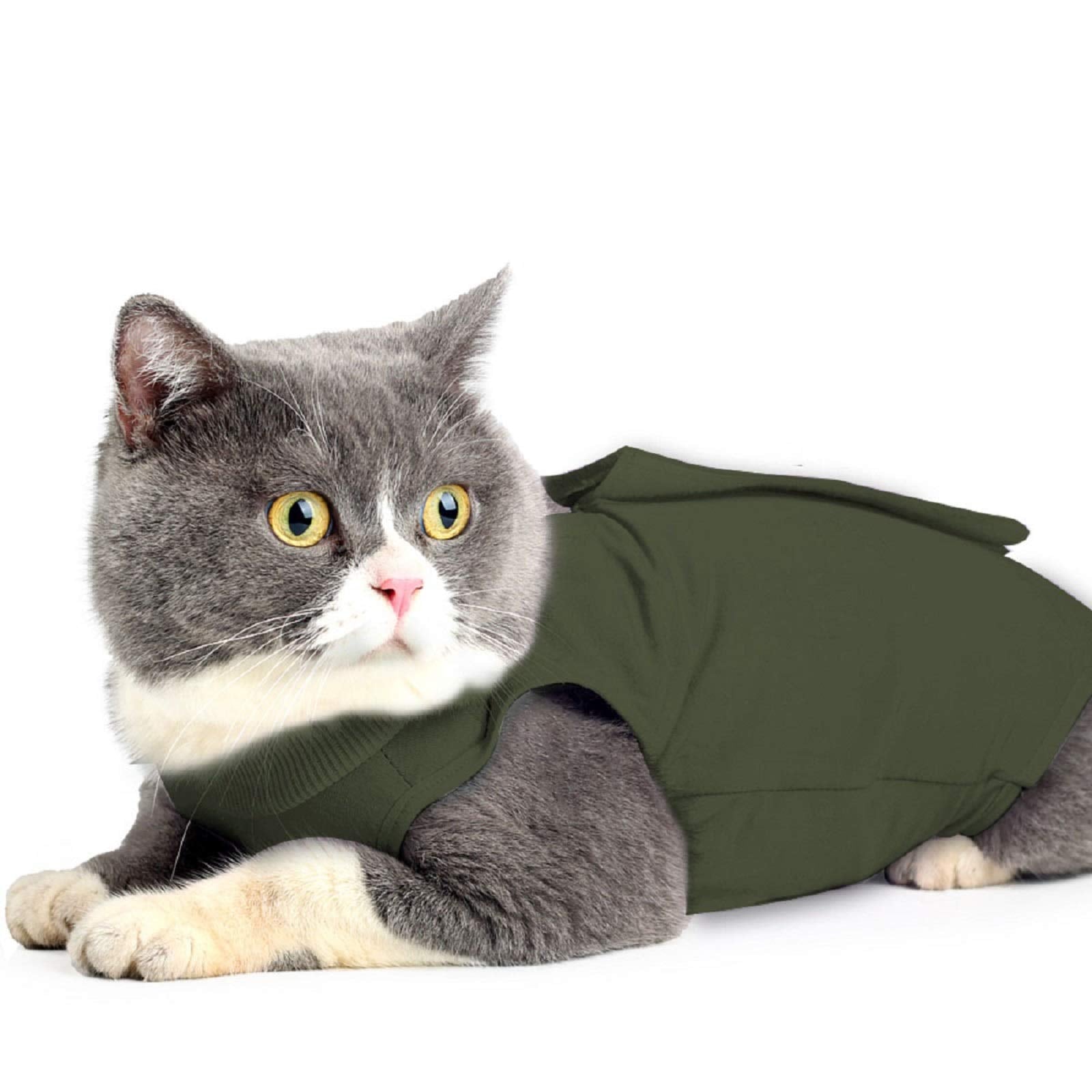 Ouuonno Cat Wound Surgery Recovery Suit For Abdominal Wounds Or Skin Diseases, After Surgery Wear, Pajama Suit, E-Collar Alternative For Cats (S, Armygreen)
