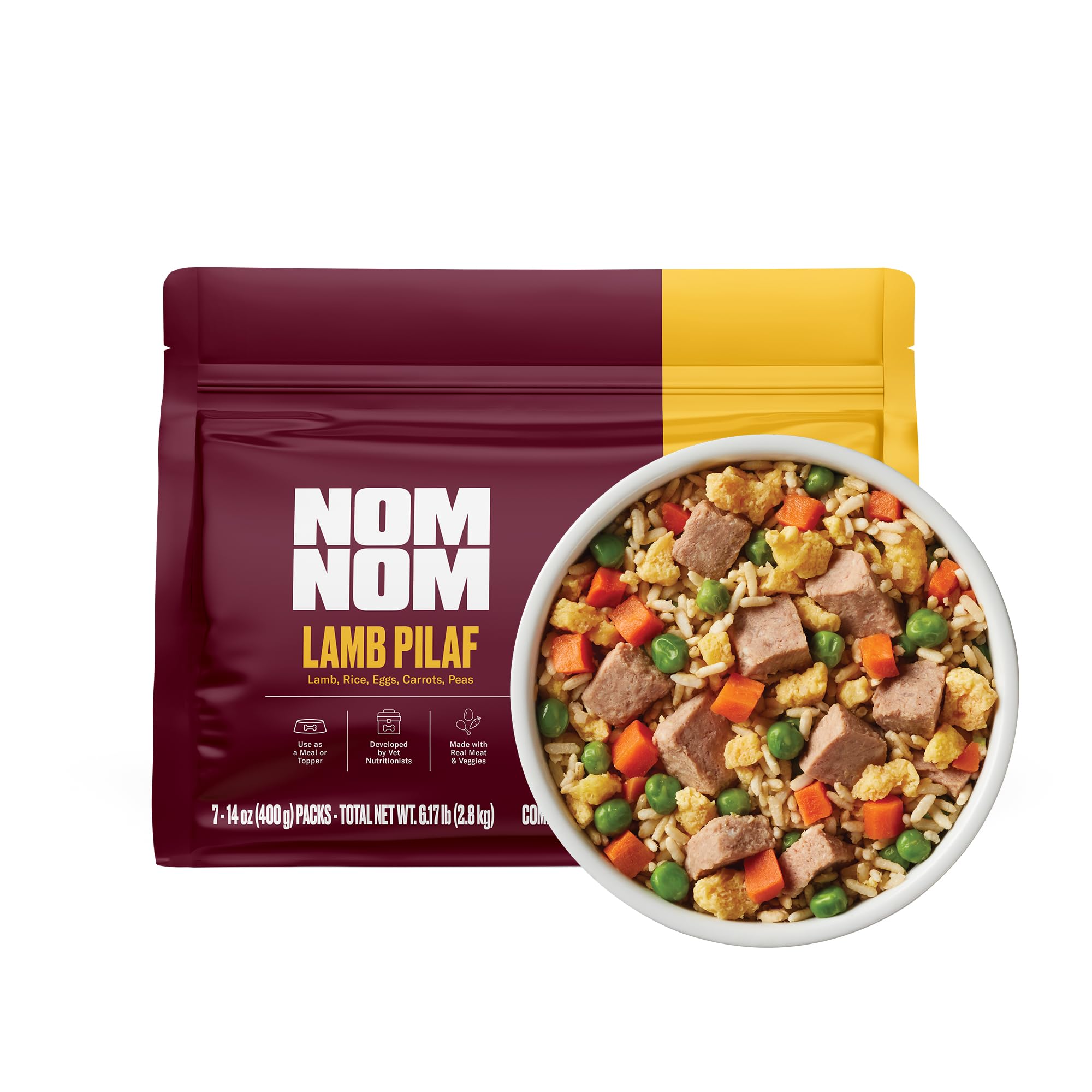 Nom Nom Freshly-Made Frozen Lamb Pilaf Dog Food - Vet-Formulated Meal or Topper with Real Lamb, Veggies & Brown Rice - Gently Co