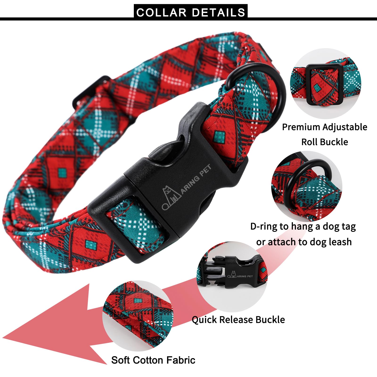 Aring Pet Christmas Dog Collar-Cotton Lightweight Red Green Plaid Dog Collars, Adjustable Christmas Pet Collar Puppy Collars Wit