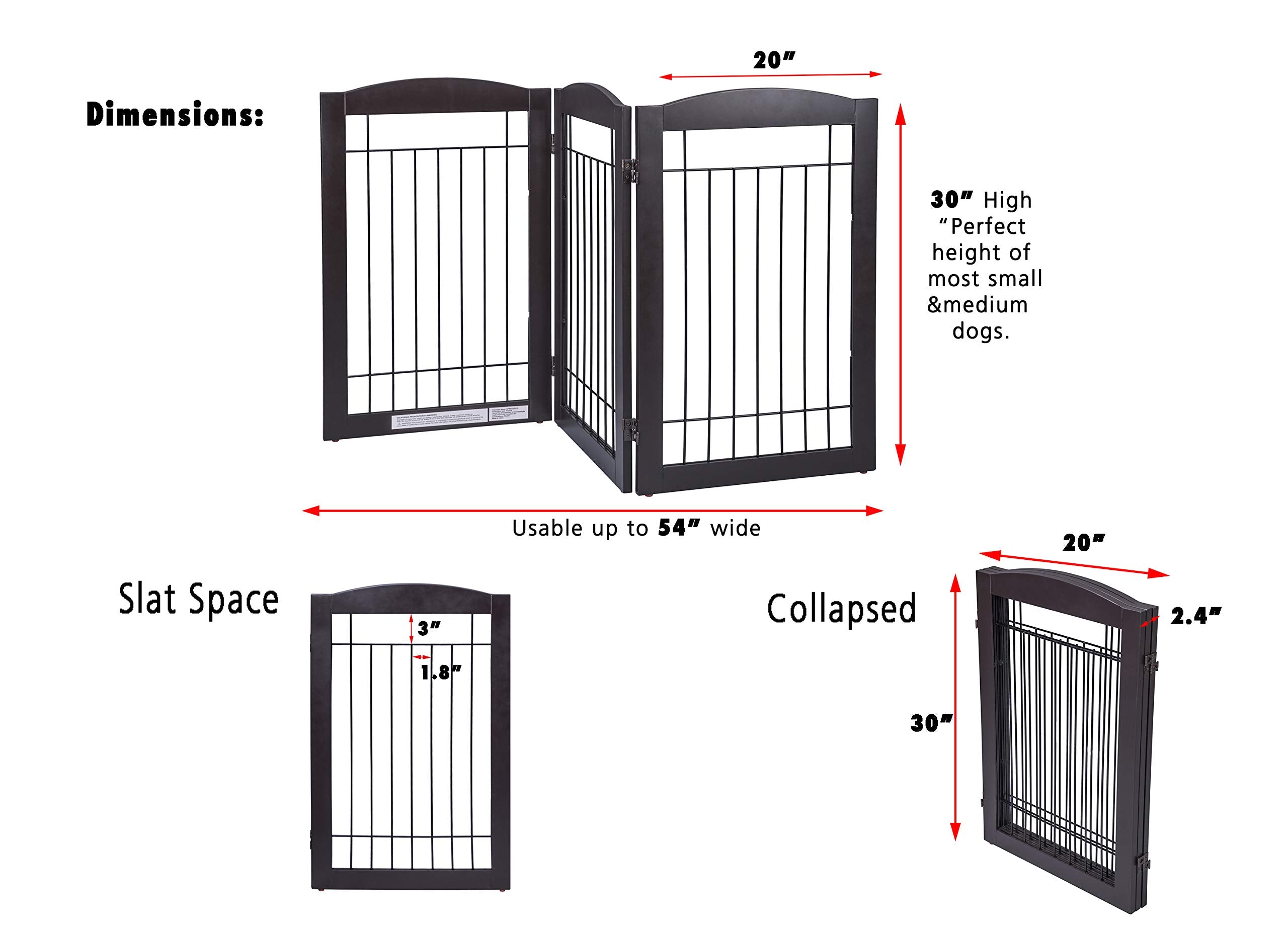 Spirich Freestanding Foldable Wire Pet Gate - 60" Wide, 30" Tall, 3 Panels, Espresso, Metal - Ideal for Dogs, Doorways, and Stairs