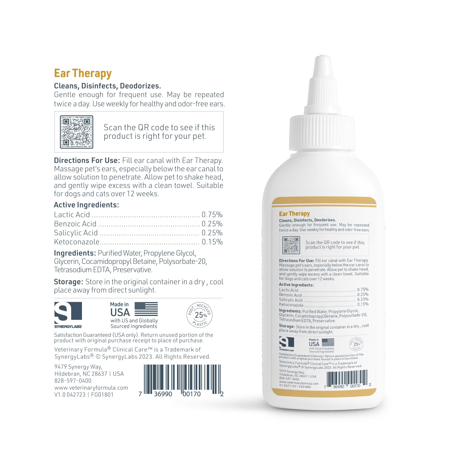 Veterinary Formula Clinical Care Ear Therapy, 4 oz. - Cat and Dog Ear Cleaner to Help Soothe Itchiness and Cleans The Ear Canal