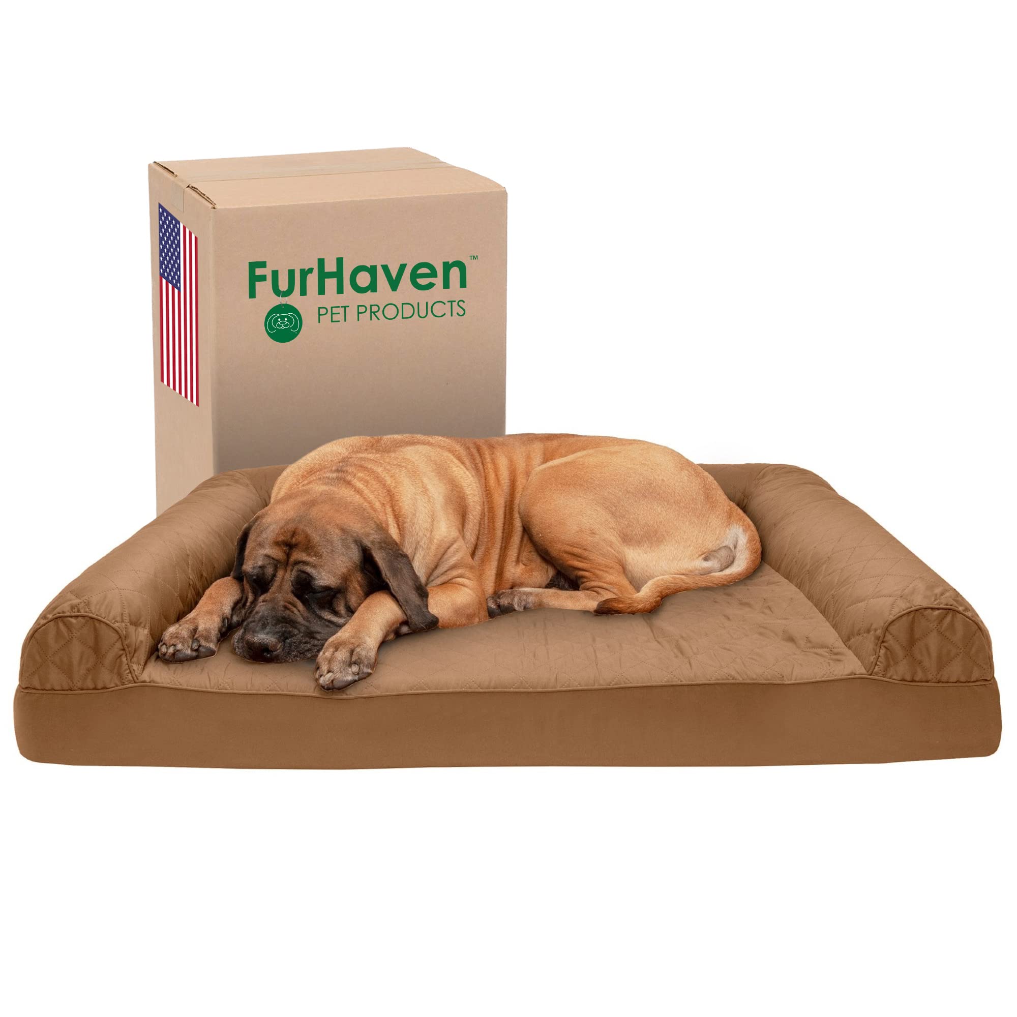 Furhaven Cooling Gel Dog Bed for Large Dogs w/ Removable Bolsters & Washable Cover, For Dogs Up to 125 lbs - Quilted Sofa - Toas