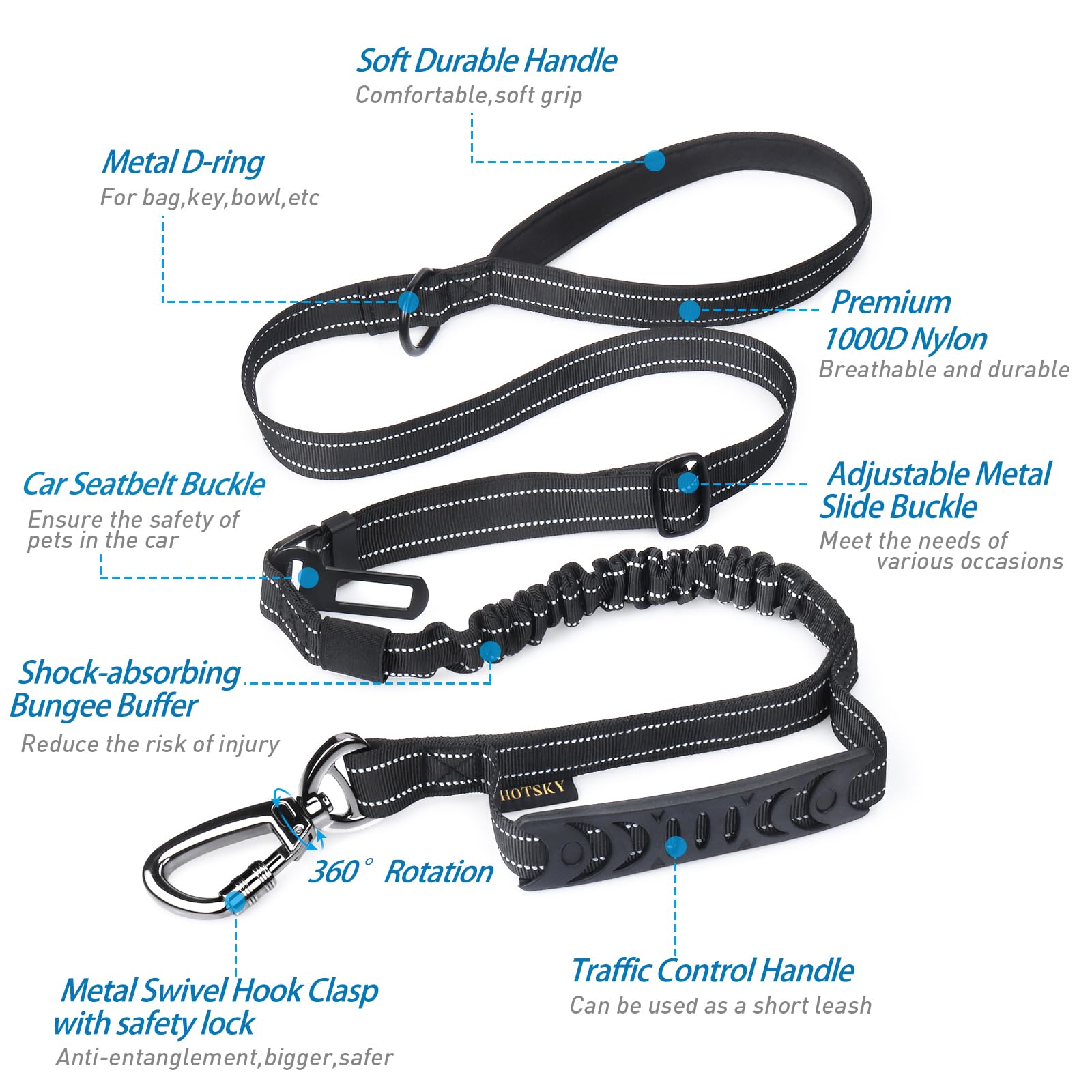 Hotsky Dog Leash For Large Dogs, Heavy Duty Tactical Dog Leash Rope With Control Handle Car Seatbelt Highly Reflective Threads, 4Ft 6Ft Retractable Bungee Dog Leash Tether With For Training, Black