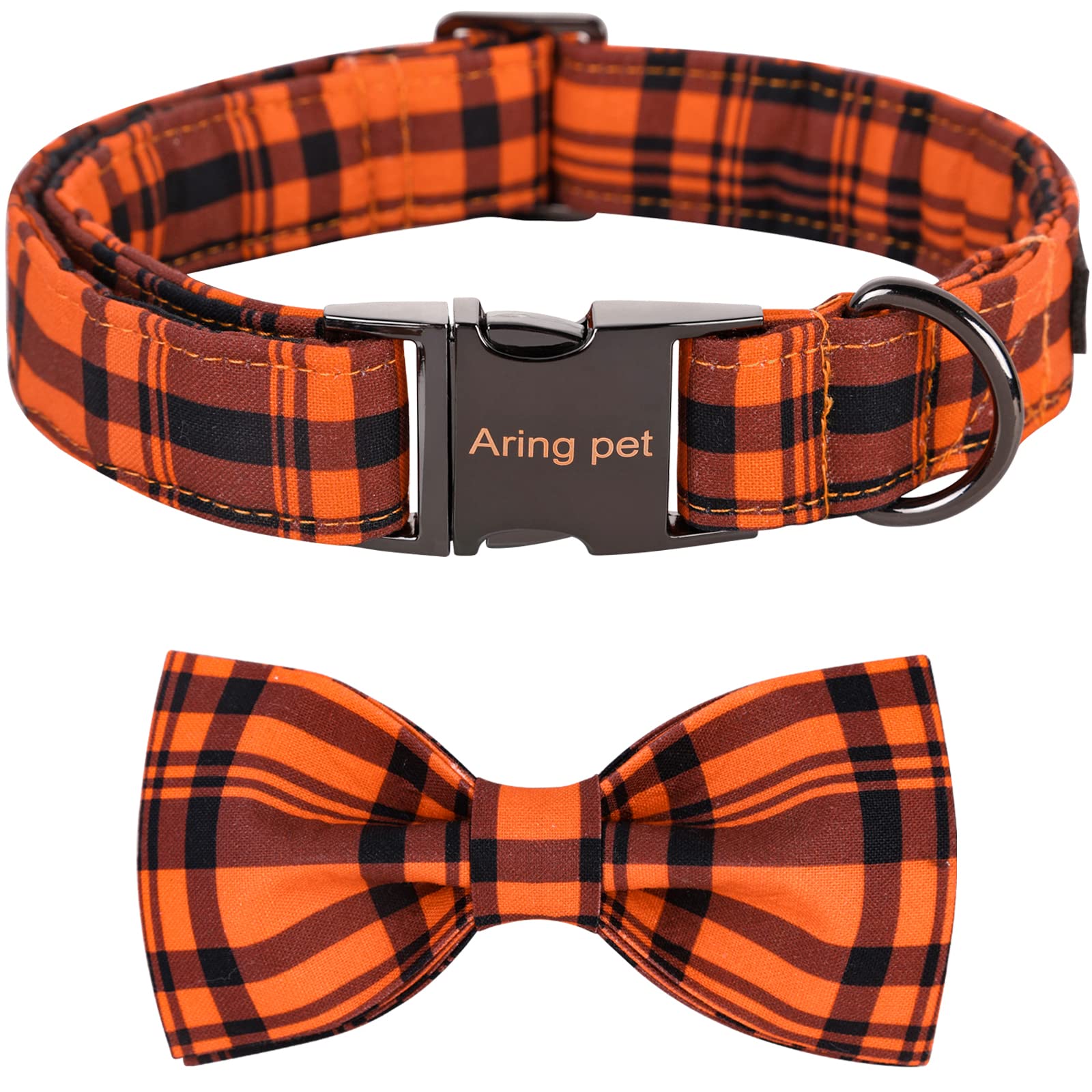 Aring Pet Dog Collar, Cute Fall Dog Collar With Bow, Adjustable Halloween Orange Grid Bowtie Dog Collars Gift With Metal Buckle 