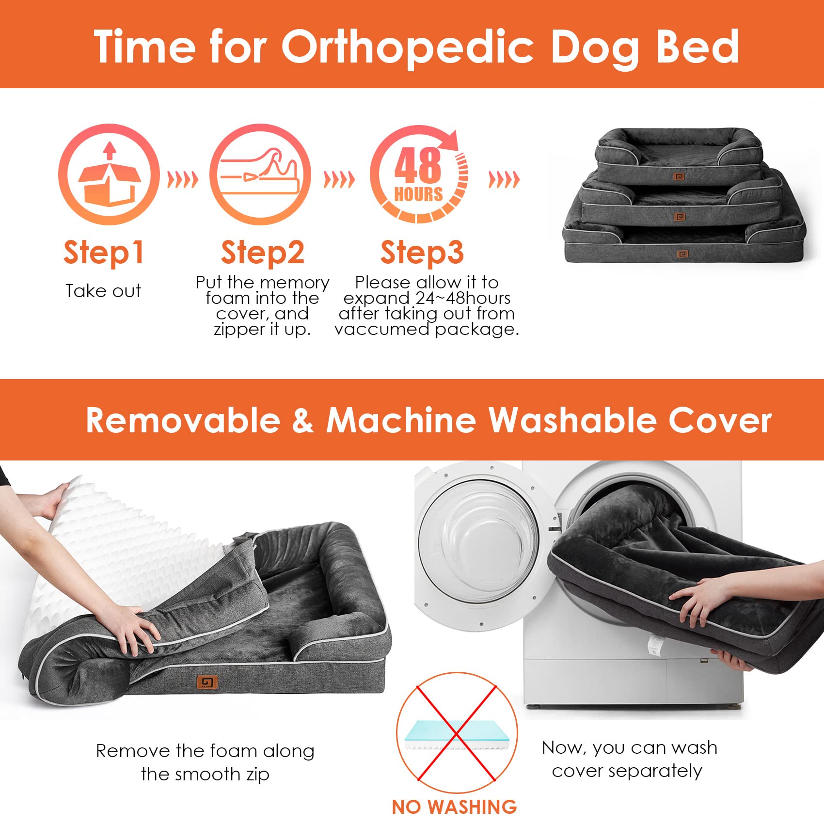 Eheyciga Orthopedic Dog Beds For Extra Large Dogs, Waterproof Memory Foam Xl Dog Bed With Sides, Non-Slip Bottom And Egg-Crate Foam Big Dog Couch Bed With Washable Removable Cover, Dark Grey