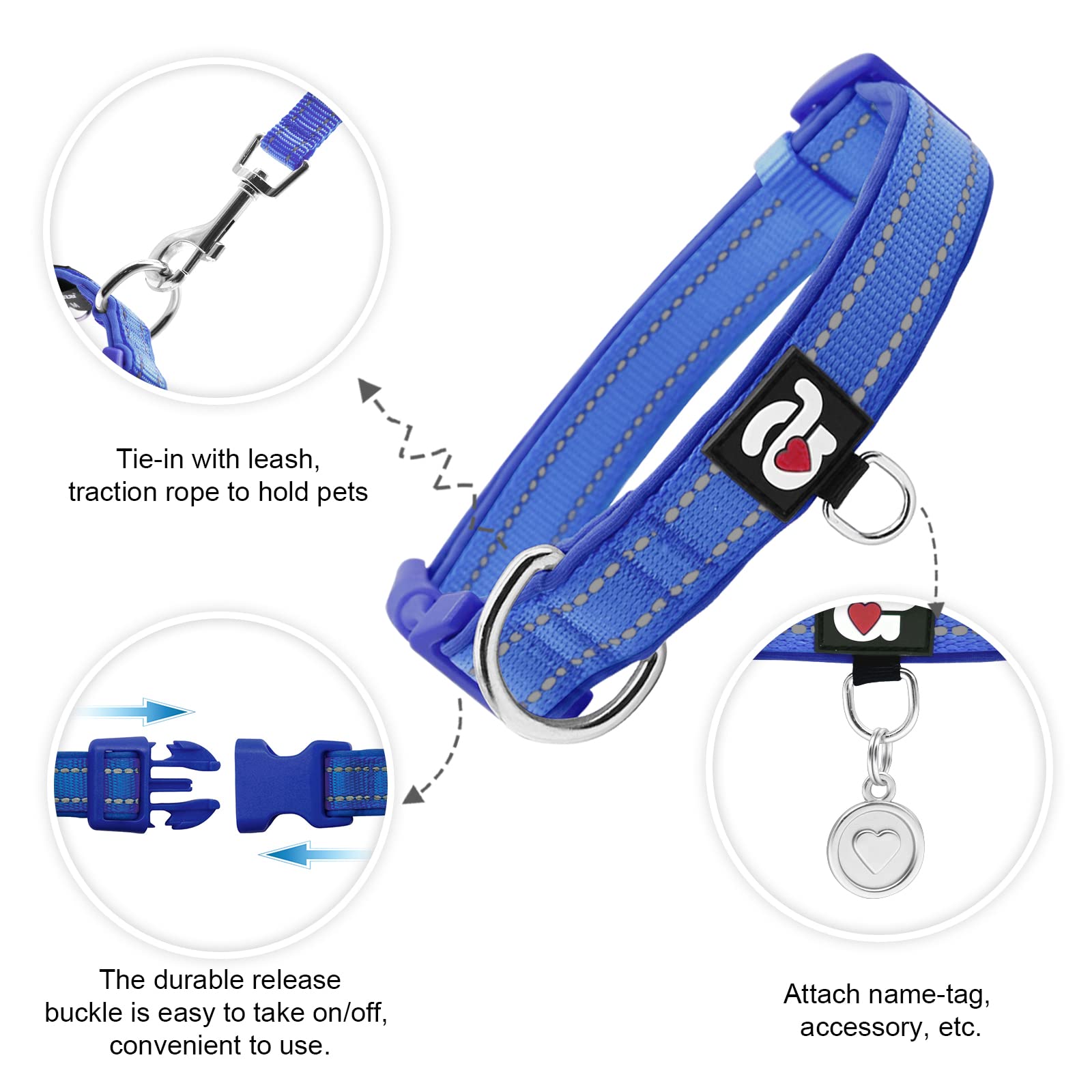 Azuza Reflective Dog Collar,Soft Neoprene Padded Pet Collar With Id Tag Ring,Adjustable For Small Dogs,Royal Blue,S