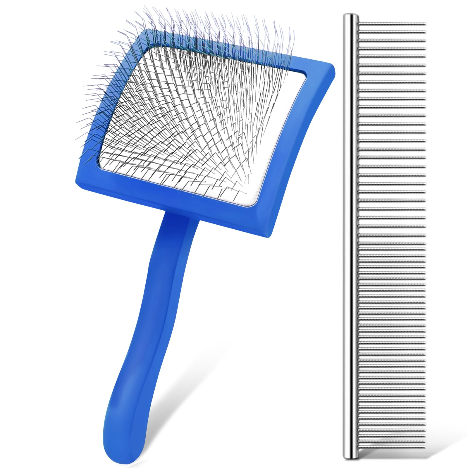 Wopqaem Slicker Brush For Dogs, Long Pin Dog Grooming Brush For Goldendoodles, Poodles, Doodles & More, Includes Bonus Pet Comb, Perfect For De-Shedding, Dematting & Reducing Tangles. Large, Blue