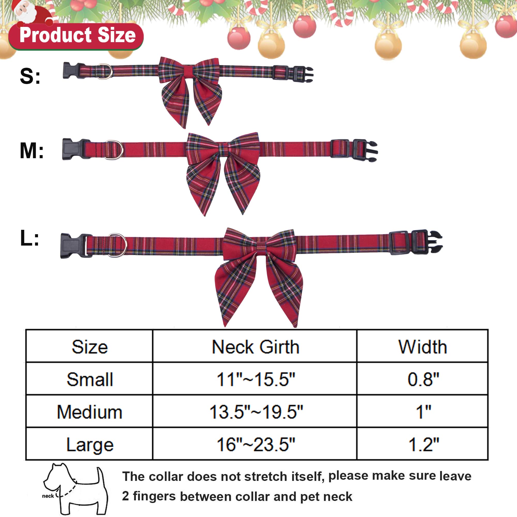 Adoggygo Christmas Dog Collar With Bow, Adjustable Cotton Red Plaid Bowtie Dog Christmas Collars For Large Dogs Pets (Large, Xmas)