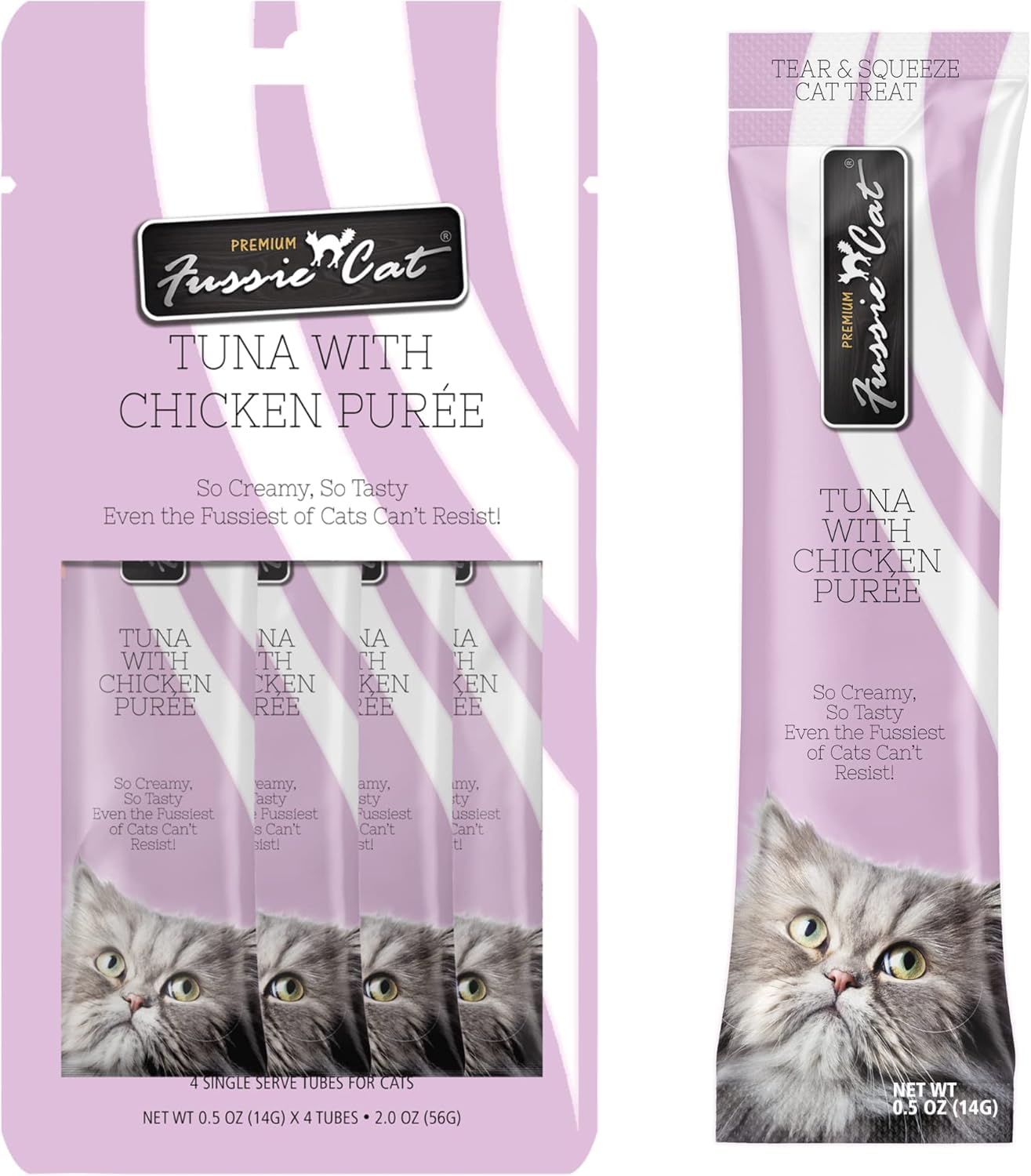Fussie Cat Premium Puree Lickable Cat Treats in Tuna Puree, Lickable Treats, 3 Packs of 4-0.5oz Tubes,(12 Total Tubes) Variety F