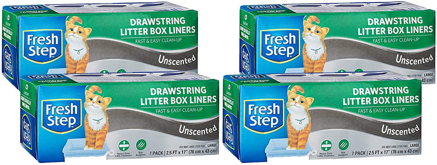 Fresh Step Drawstring Cat Litter Box Liners, Unscented, Size Large, 30 x 17 | Kitty Litter Bags - 7 Count - 4 Pack, Cat Litter L
