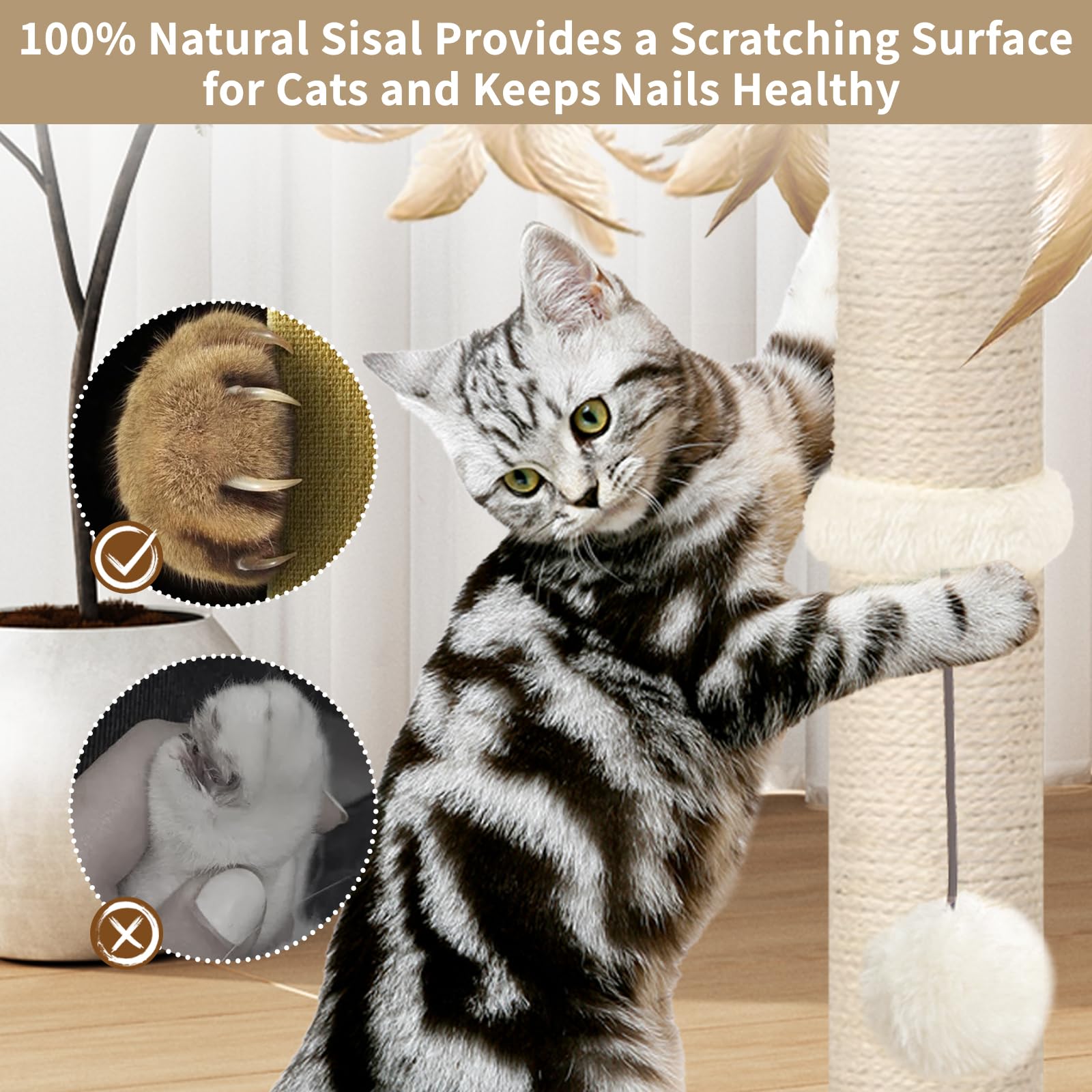 Cat Scratching Post, Sisal, Scratcher Tree Tower For Indoor Cats Adults With Hanging And Ball Track, 2 Mounting Methods Interact
